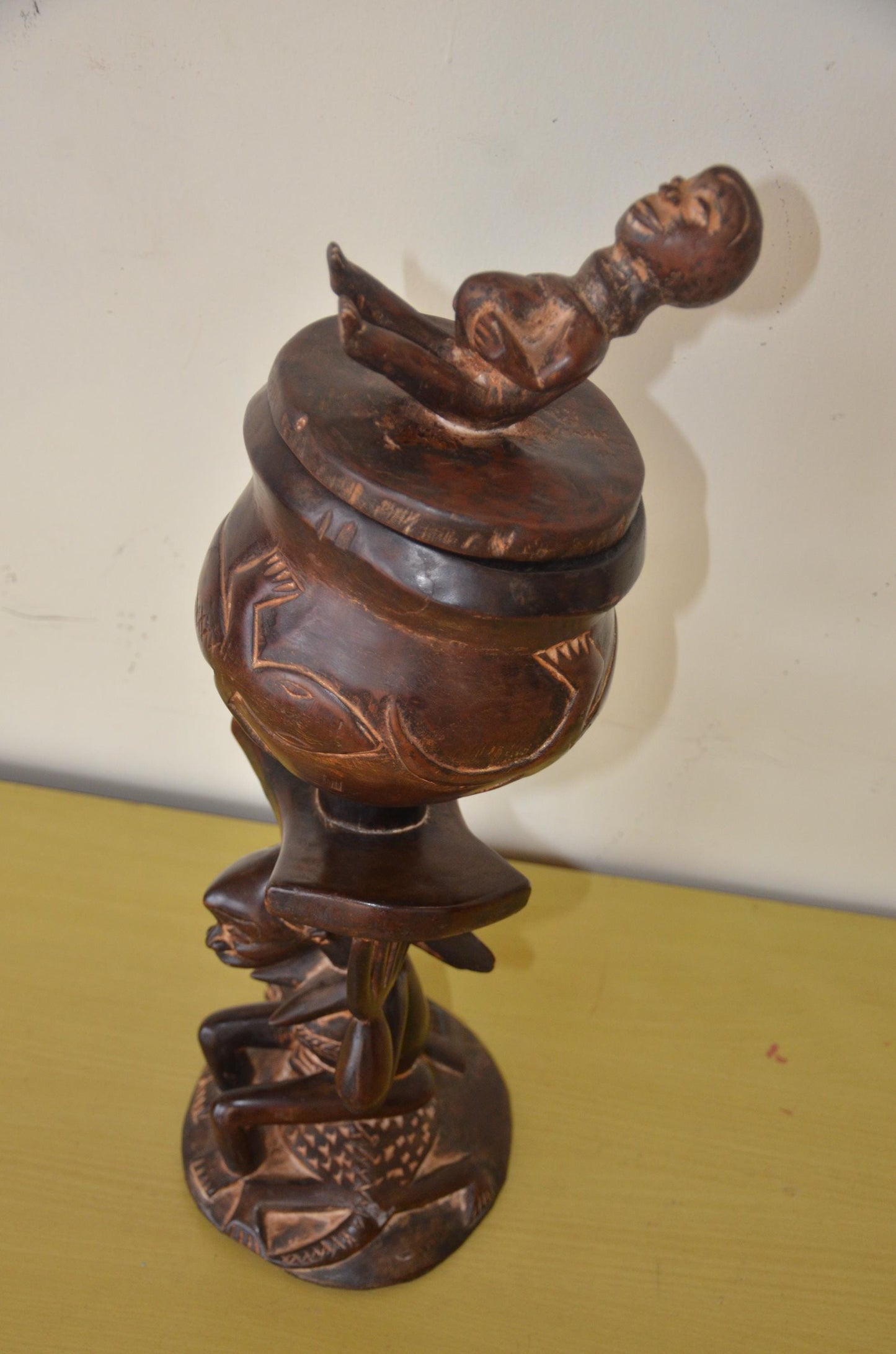 Hand Carved Luba Caryatid Offering Bowl – Authentic African Wood Sculpture, Traditional Tribal Art for Shelf or Statement Home Decor