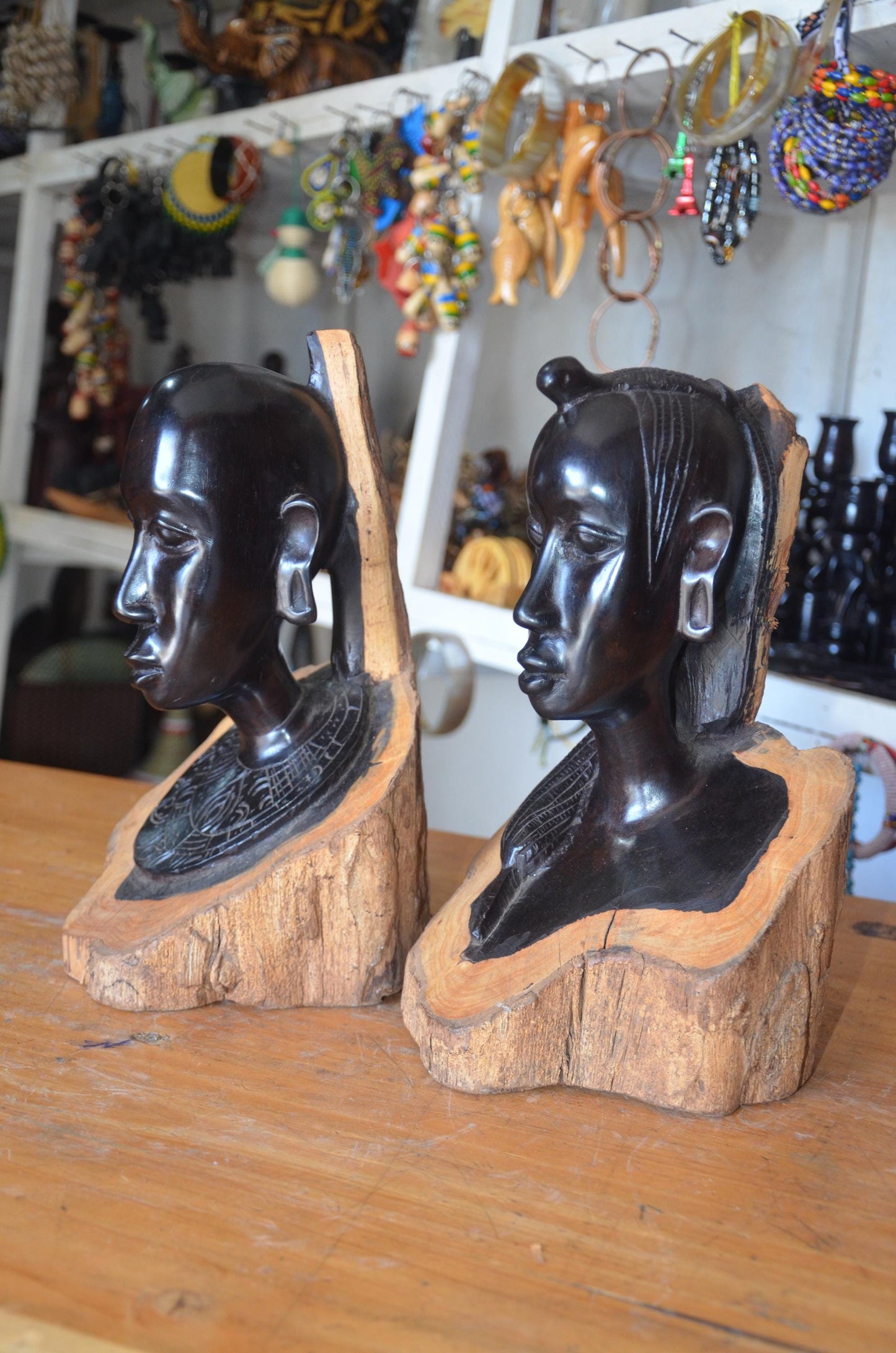 Maasai Ebony Wood Heads Couple – Pair of 20" Hand-Carved East African Statues