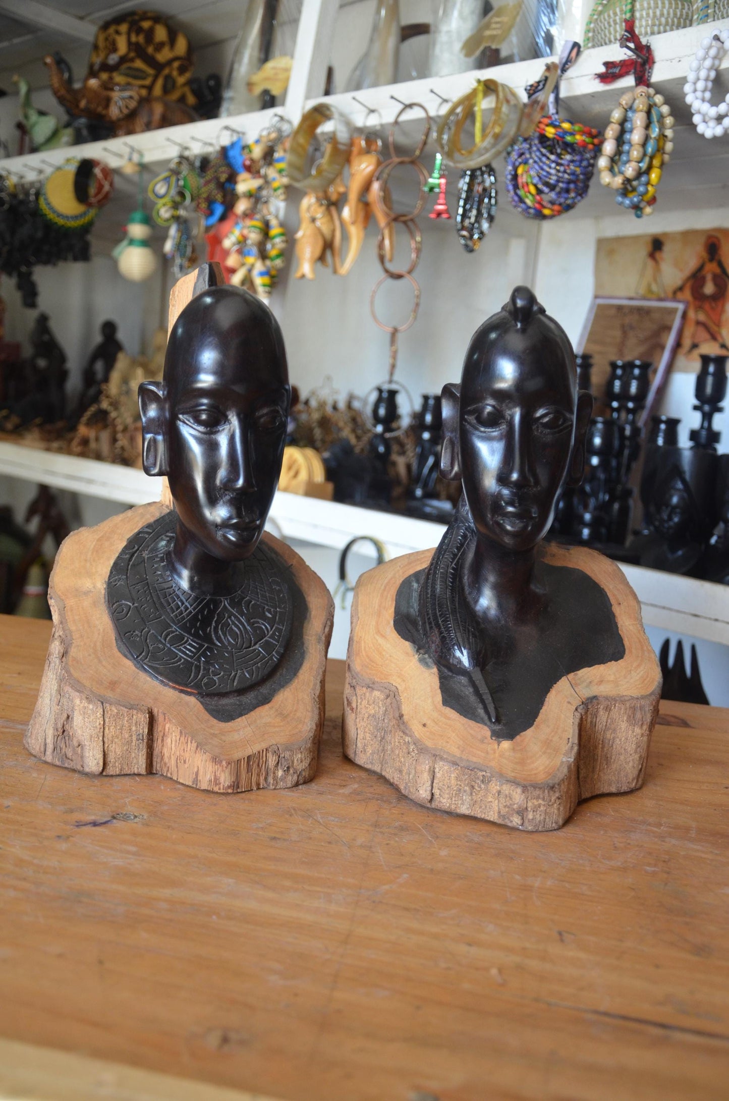 Maasai Ebony Wood Heads Couple – Pair of 20" Hand-Carved East African Statues