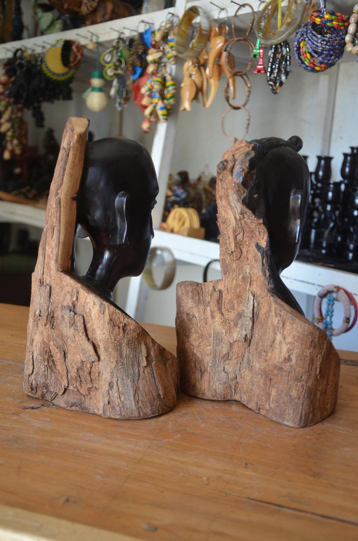 Maasai Ebony Wood Heads Couple – Pair of 20" Hand-Carved East African Statues