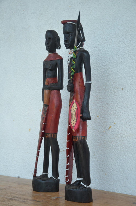 Maasai King & Queen Statues – 23" Hand-Carved Wood – African Leader Figures