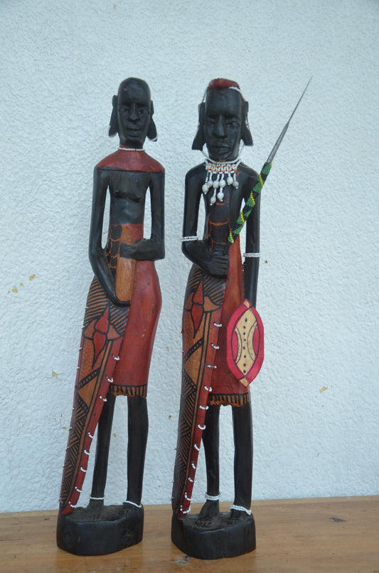 Maasai King & Queen Statues – 23" Hand-Carved Wood – African Leader Figures