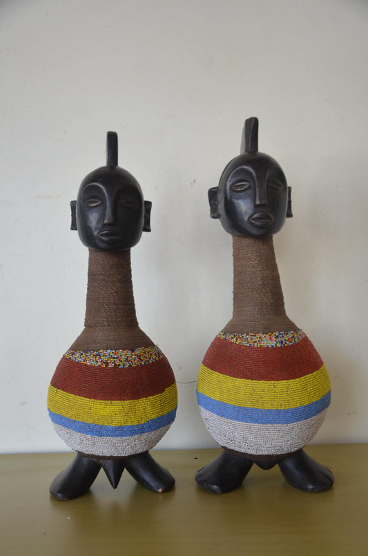 Namji Fertility Dolls Pair – 20" Beaded Wood – Cameroon Tribal Art Statues