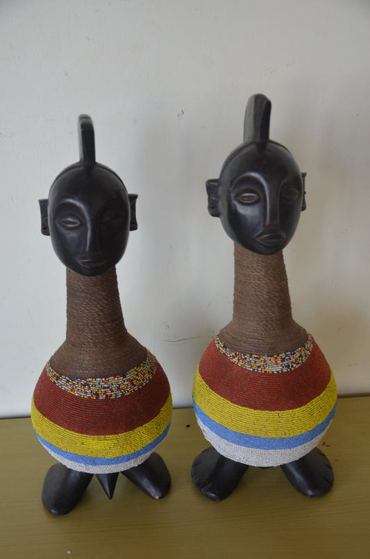 Namji Fertility Dolls Pair – 20" Beaded Wood – Cameroon Tribal Art Statues