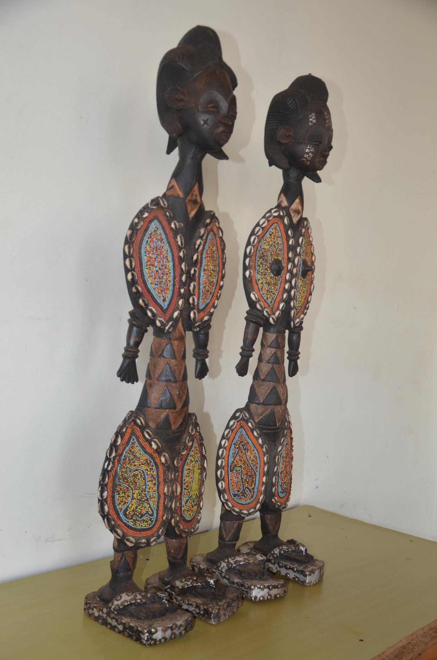Huge 37" Namji Fertility Doll Pair – Hand-Carved Beaded Wood – Cameroon Floor Art