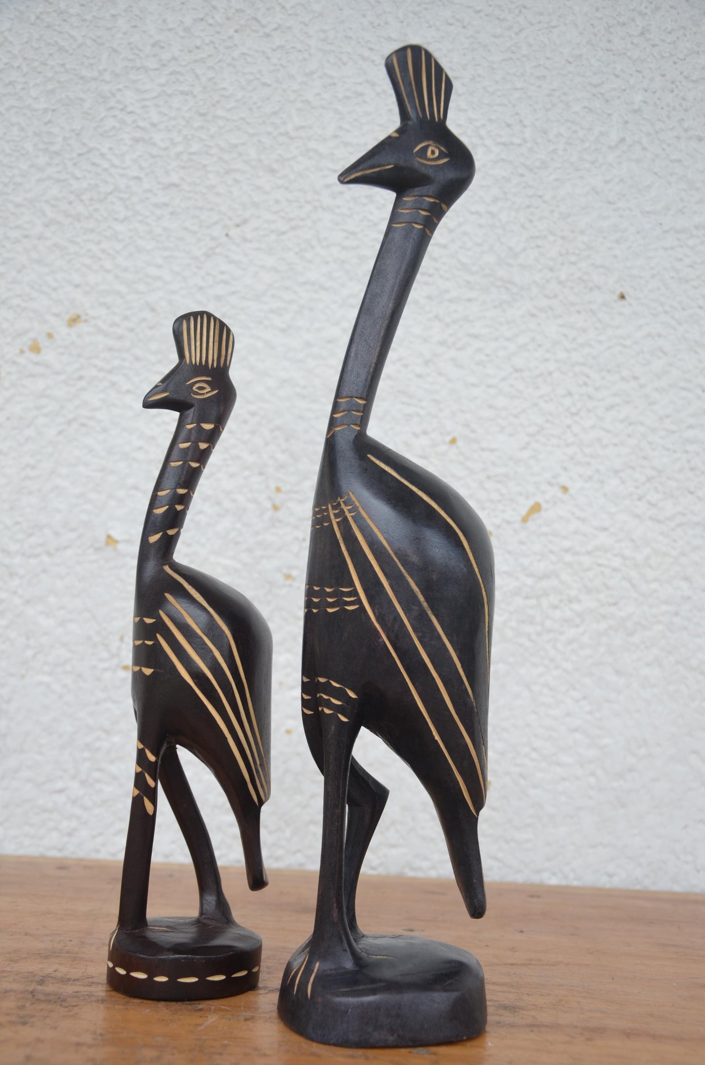 Rwandan Peacock Statues – 17" Hand-Carved Wood – Nyungwe Forest Mother & Kid
