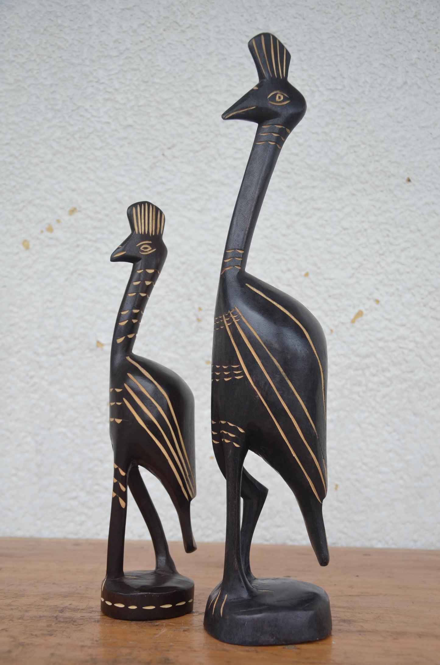 Rwandan Peacock Statues – 17" Hand-Carved Wood – Nyungwe Forest Mother & Kid