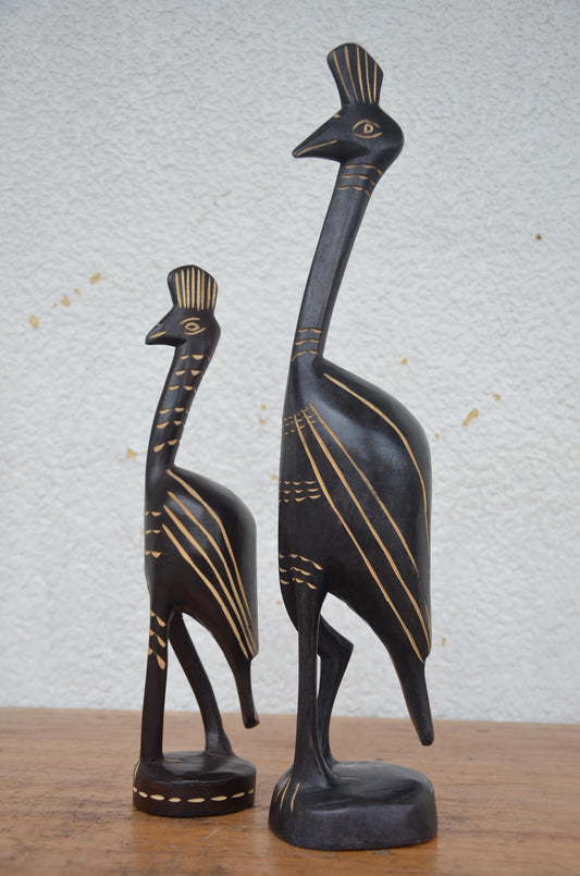 Rwandan Peacock Statues – 17" Hand-Carved Wood – Nyungwe Forest Mother & Kid