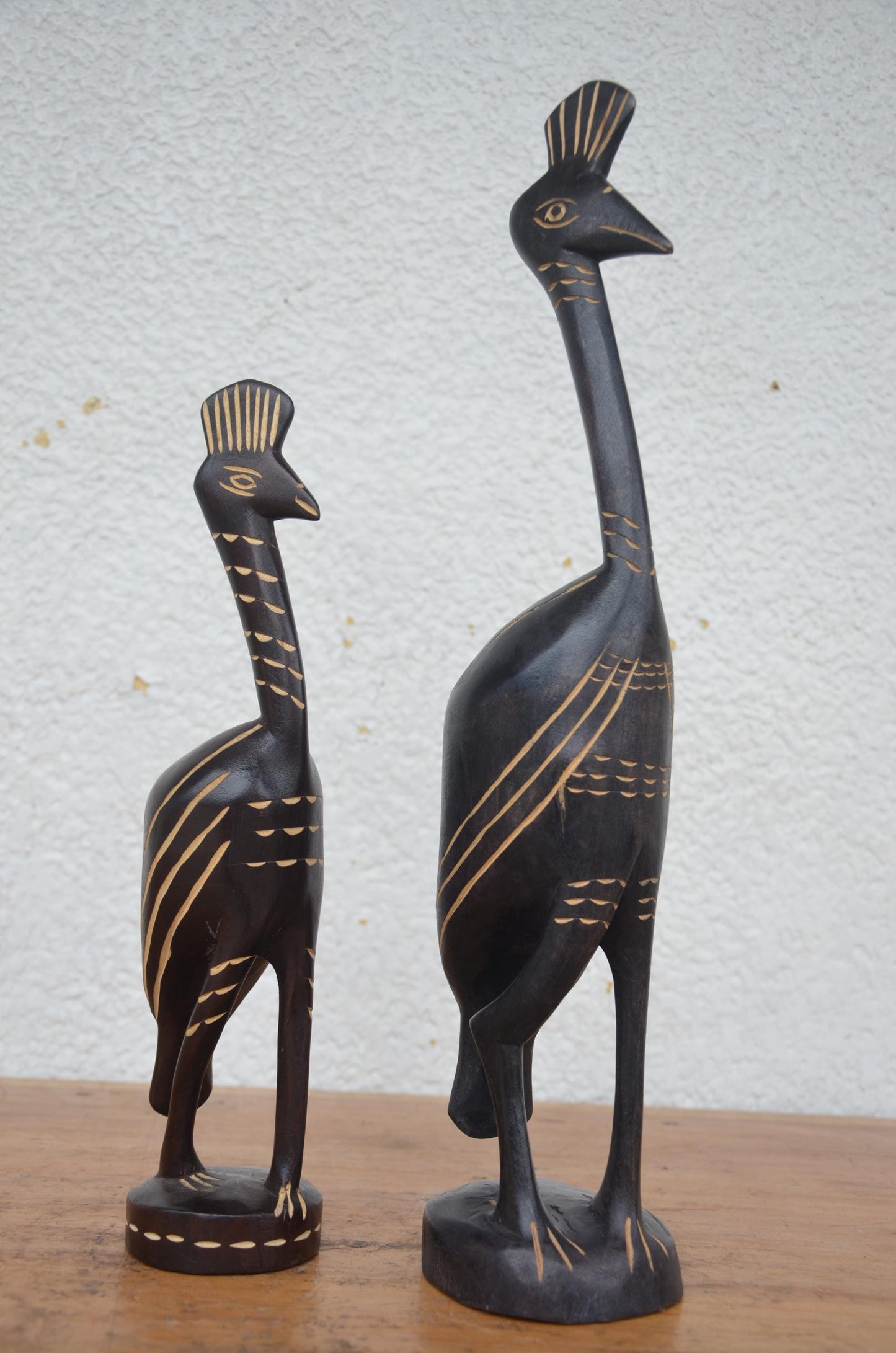 Rwandan Peacock Statues – 17" Hand-Carved Wood – Nyungwe Forest Mother & Kid