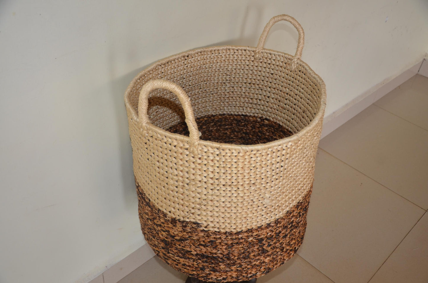 Large 21" Sisal Storage Basket – Two-Tone Handwoven Hamper – Rwandan Utility