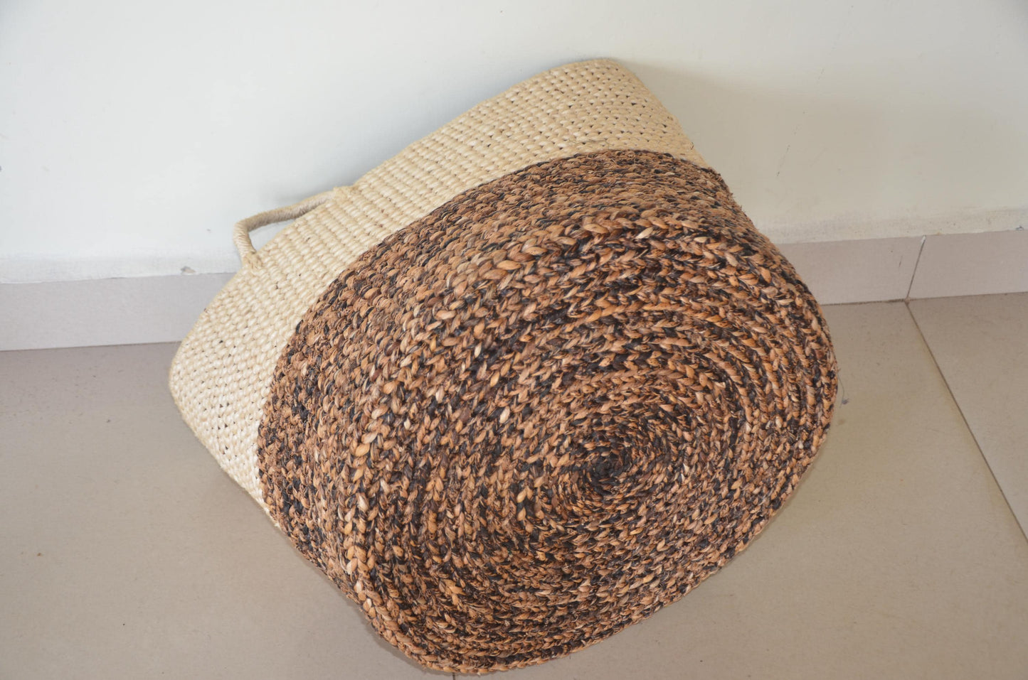 Large 21" Sisal Storage Basket – Two-Tone Handwoven Hamper – Rwandan Utility