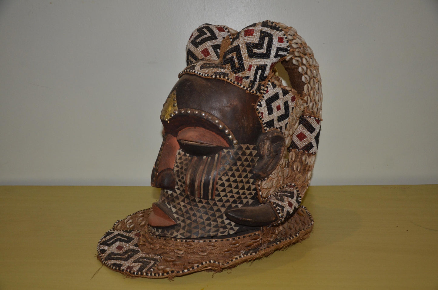 Kuba Ngady Mwaash Mask – 16" Beaded Royal Wood – Congo Tribal Wall Sculpture