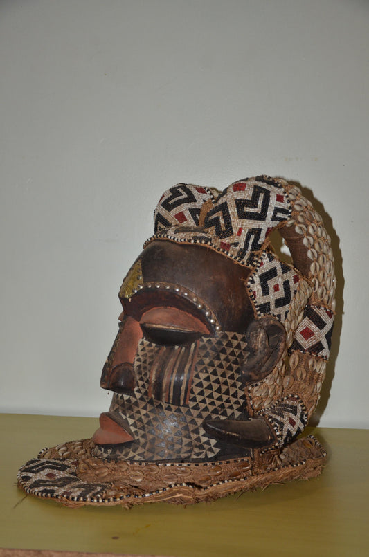 Kuba Ngady Mwaash Mask – 16" Beaded Royal Wood – Congo Tribal Wall Sculpture