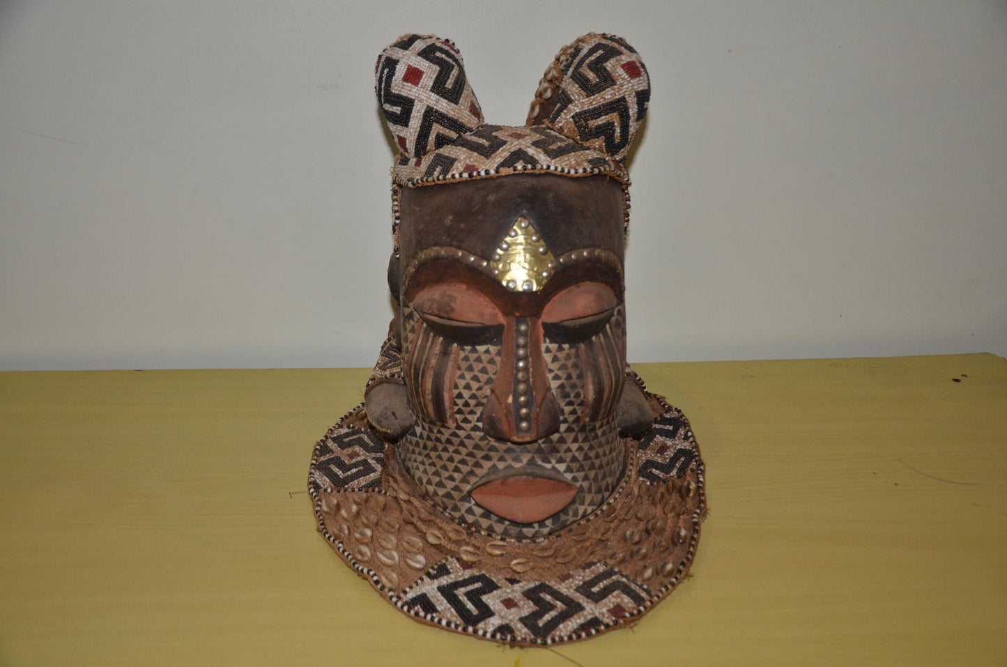 Kuba Ngady Mwaash Mask – 16" Beaded Royal Wood – Congo Tribal Wall Sculpture