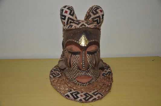 Kuba Ngady Mwaash Mask – 16" Beaded Royal Wood – Congo Tribal Wall Sculpture
