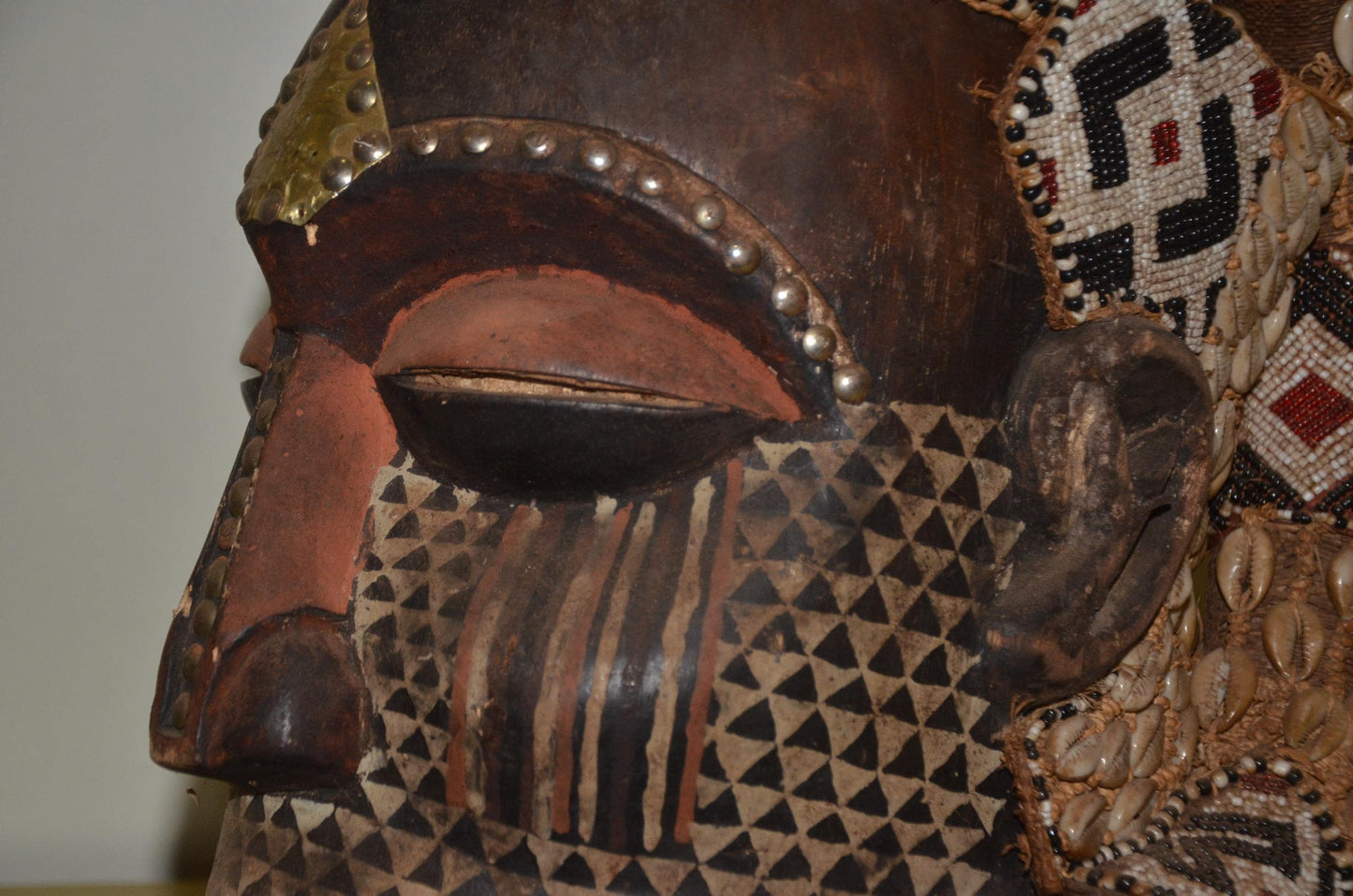 Kuba Ngady Mwaash Mask – 16" Beaded Royal Wood – Congo Tribal Wall Sculpture