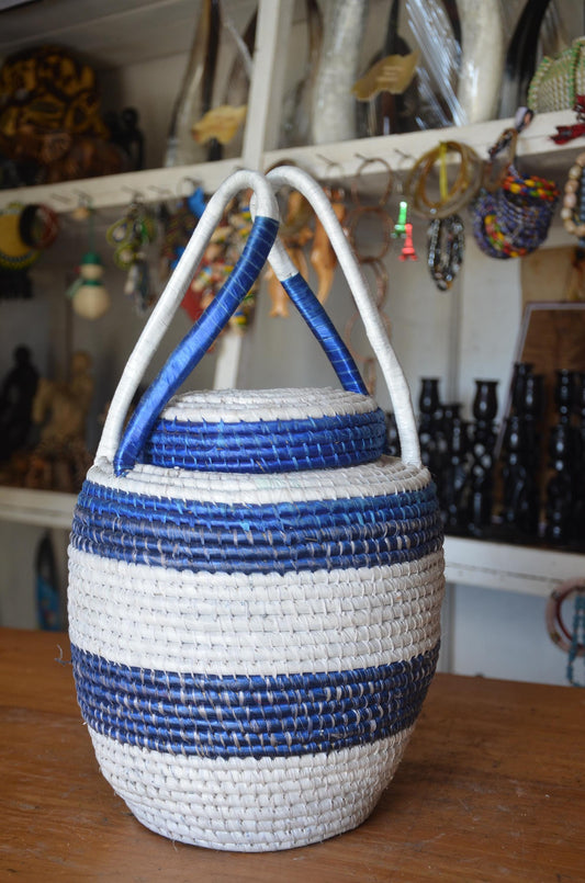 Handwoven Agaseke Peace Basket – 24" Blue & White Rwandan Storage Basket with Lid