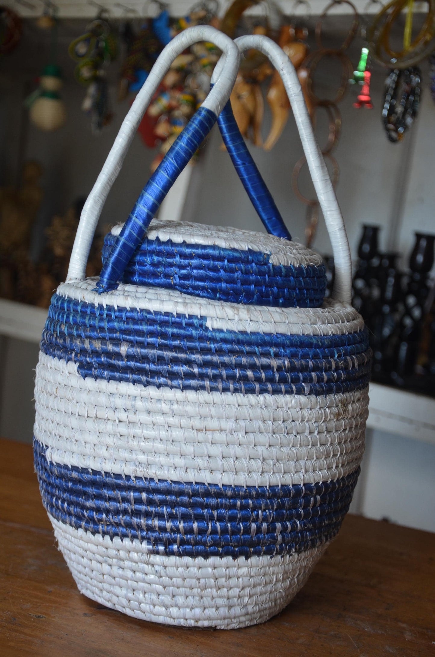 Handwoven Agaseke Peace Basket – 24" Blue & White Rwandan Storage Basket with Lid