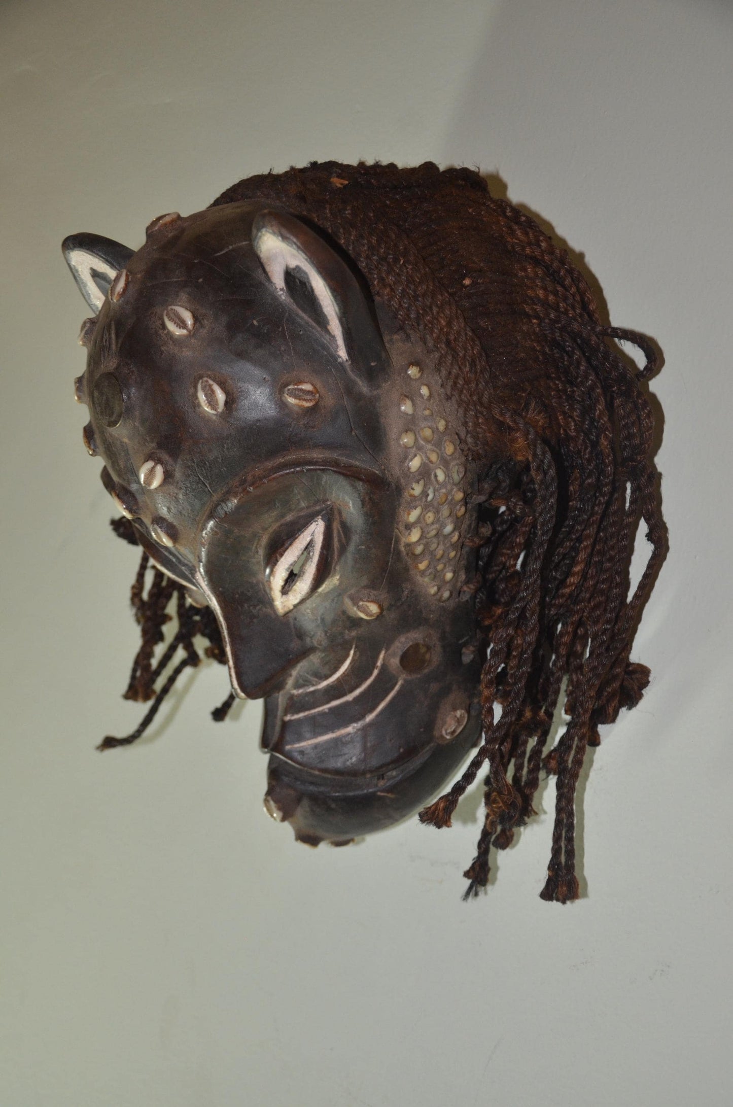 Chokwe Leopard Mask | Hand-Carved Patterned Wood Wall Decor | Congo Zoomorphic Art