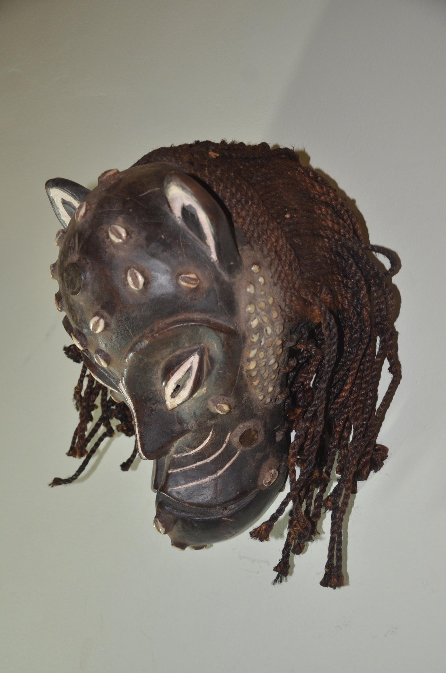 Chokwe Leopard Mask | Hand-Carved Patterned Wood Wall Decor | Congo Zoomorphic Art