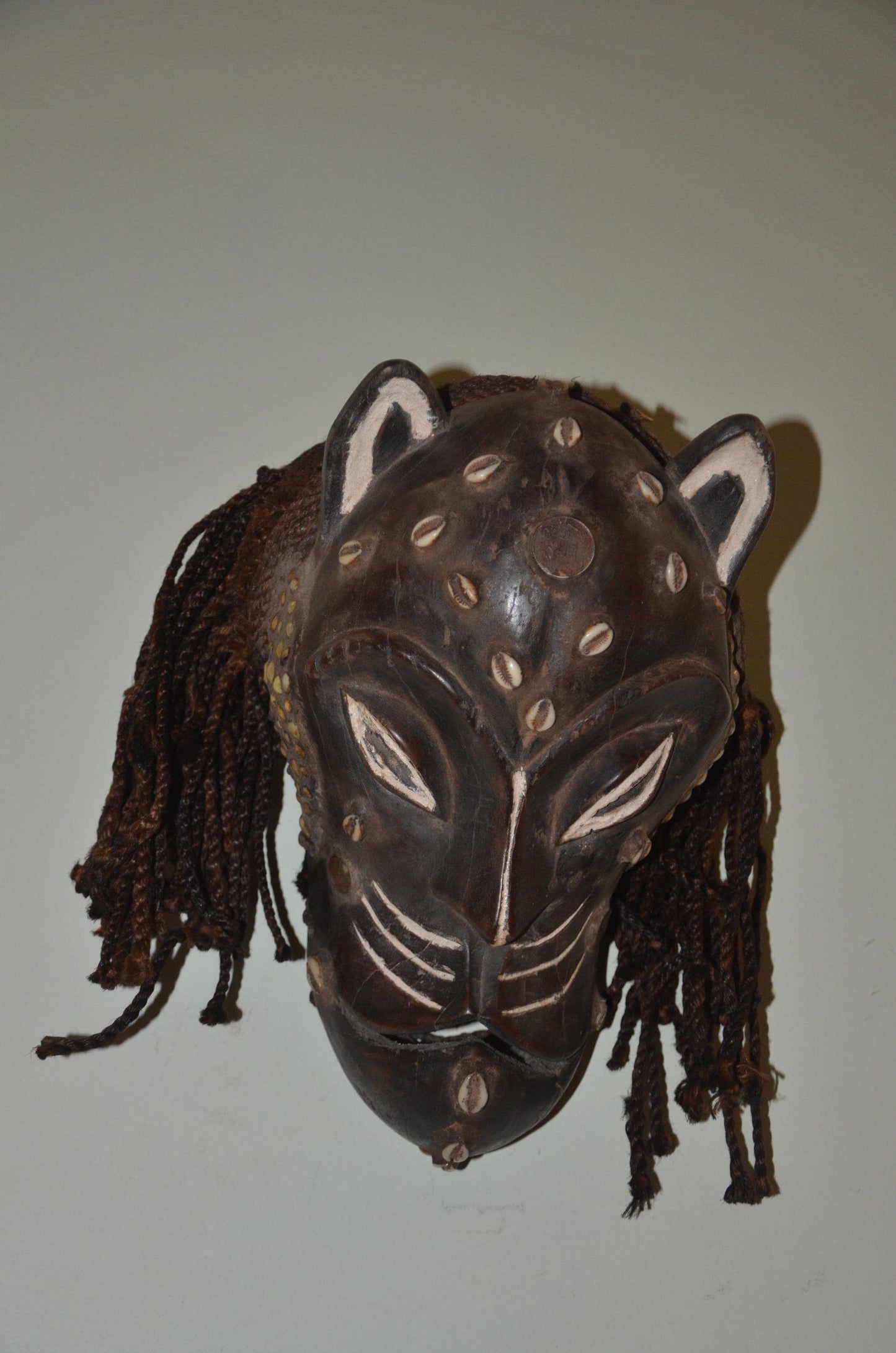 Chokwe Leopard Mask | Hand-Carved Patterned Wood Wall Decor | Congo Zoomorphic Art