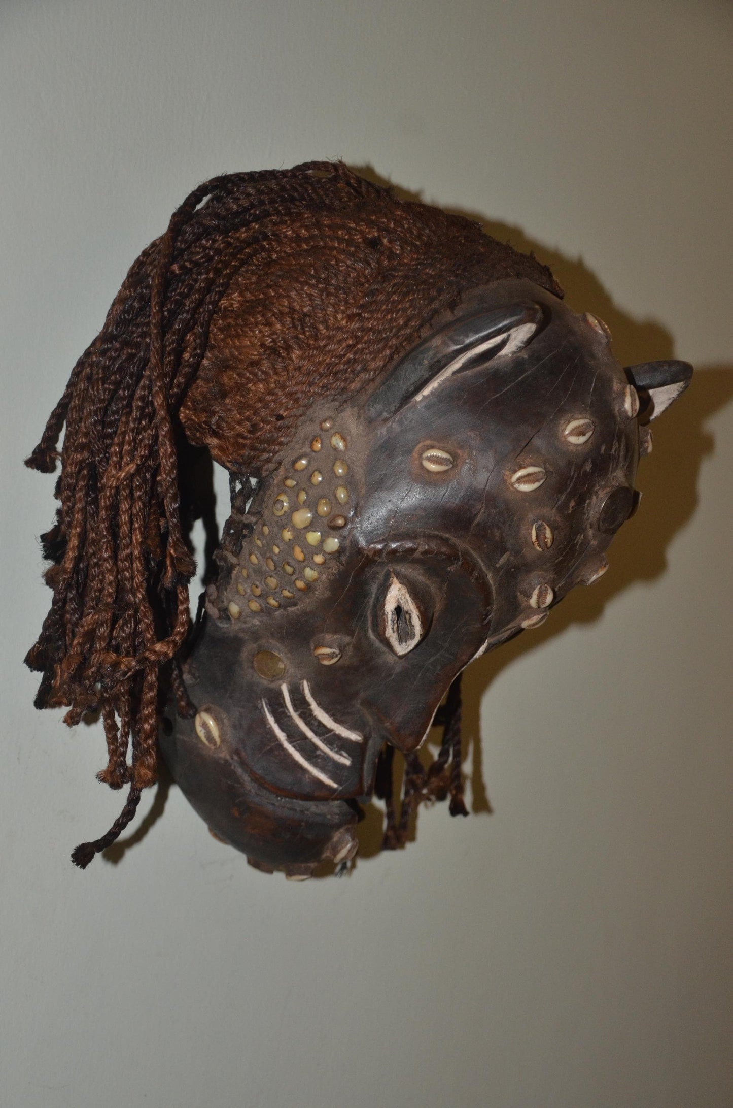 Chokwe Leopard Mask | Hand-Carved Patterned Wood Wall Decor | Congo Zoomorphic Art