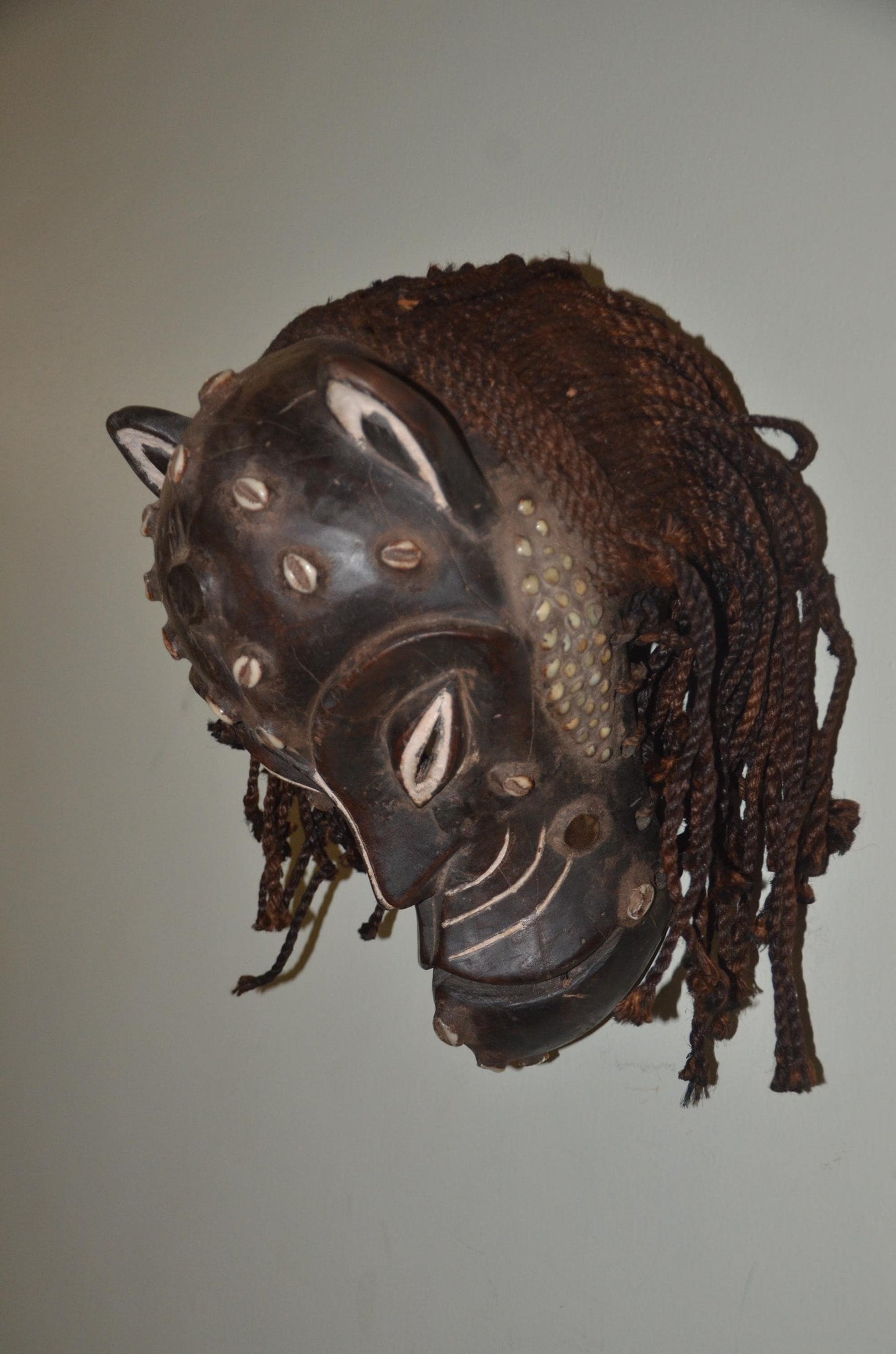 Chokwe Leopard Mask | Hand-Carved Patterned Wood Wall Decor | Congo Zoomorphic Art