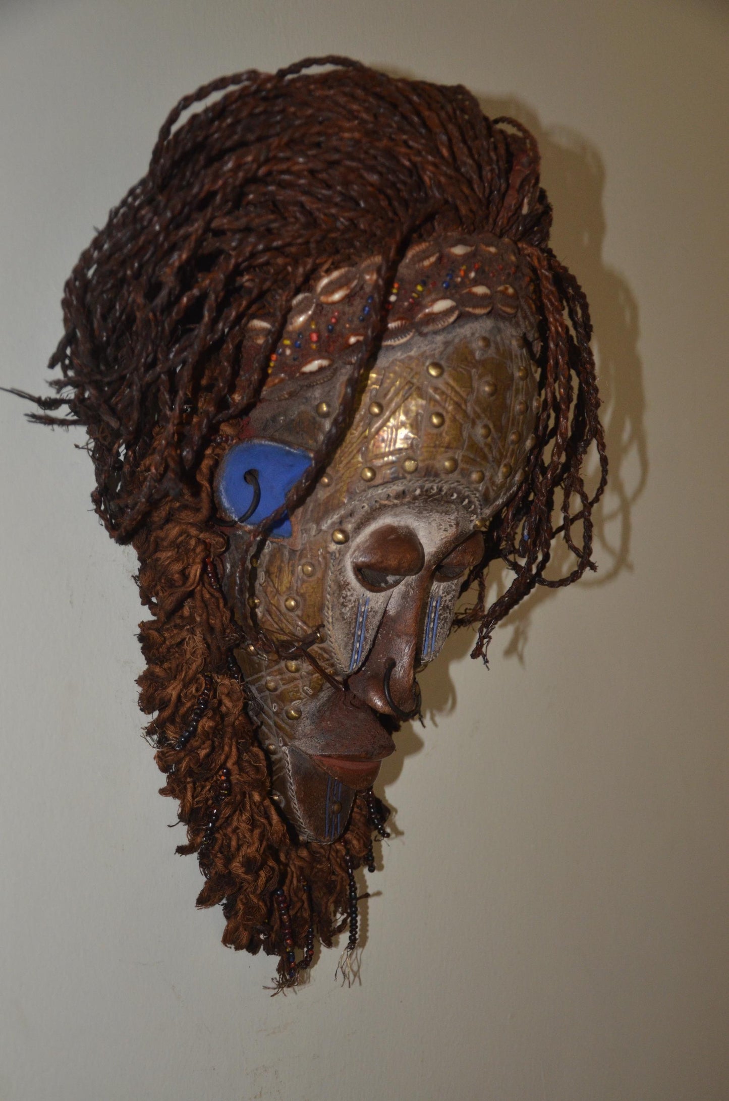 Chokwe Mwana Pwo Mask | Beaded Wood Fiber Hair | Congo Female Ancestor Art