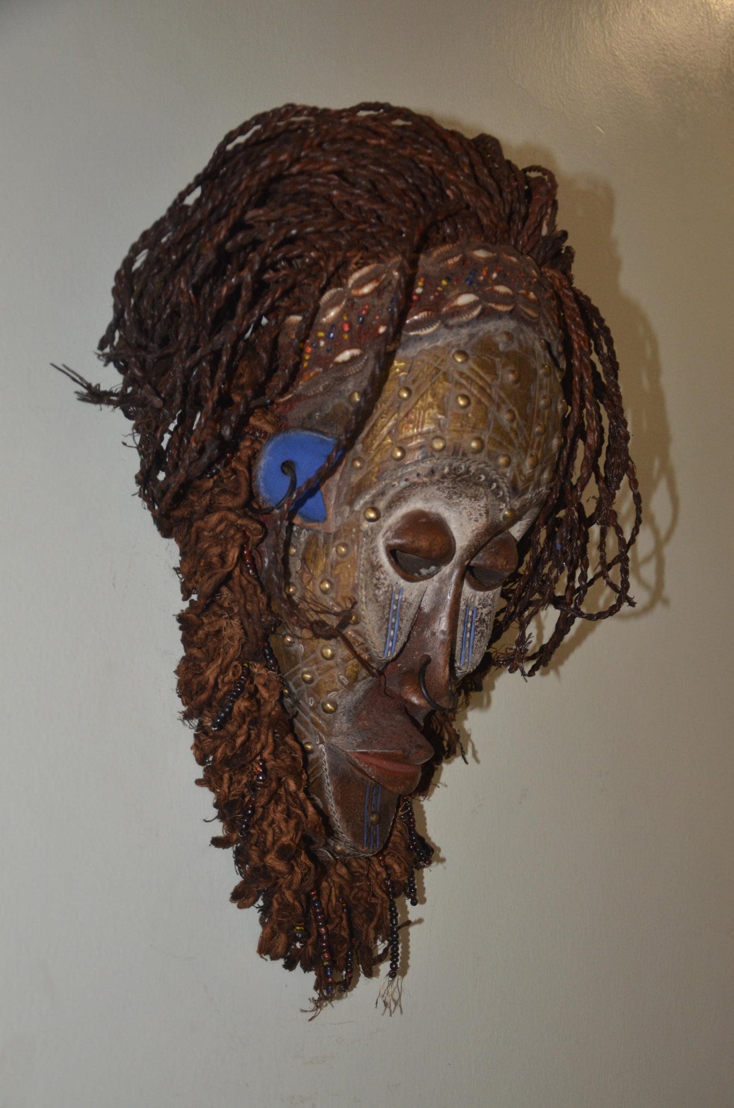 Chokwe Mwana Pwo Mask | Beaded Wood Fiber Hair | Congo Female Ancestor Art