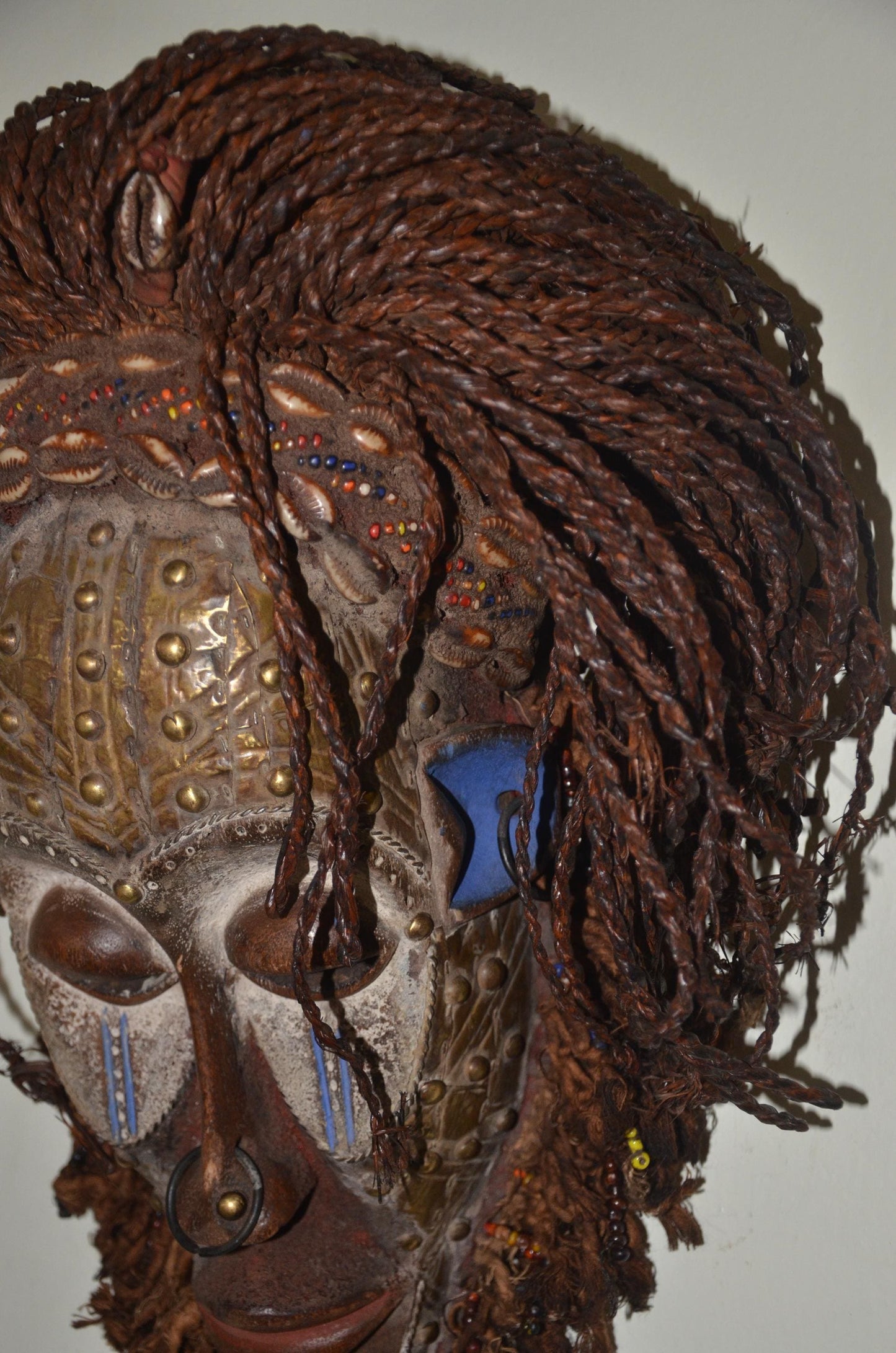 Chokwe Mwana Pwo Mask | Beaded Wood Fiber Hair | Congo Female Ancestor Art