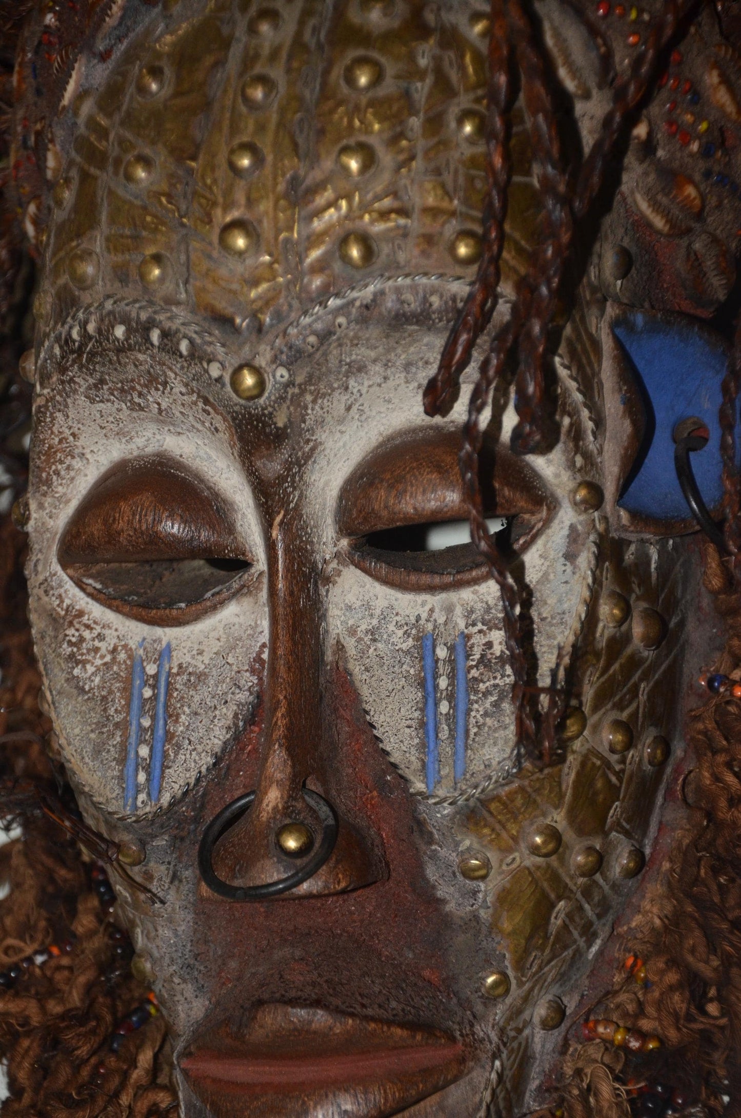 Chokwe Mwana Pwo Mask | Beaded Wood Fiber Hair | Congo Female Ancestor Art