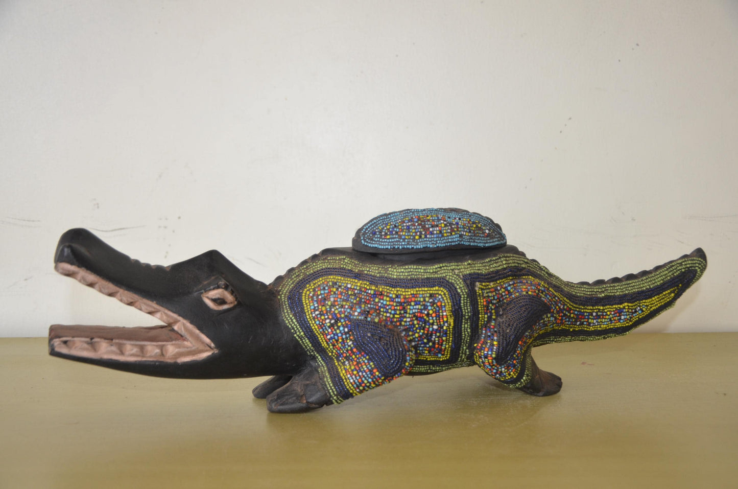 Kamba Crocodile Sculpture | Beaded Wood Folk Art | Kenya Handcrafted Animal Decor
