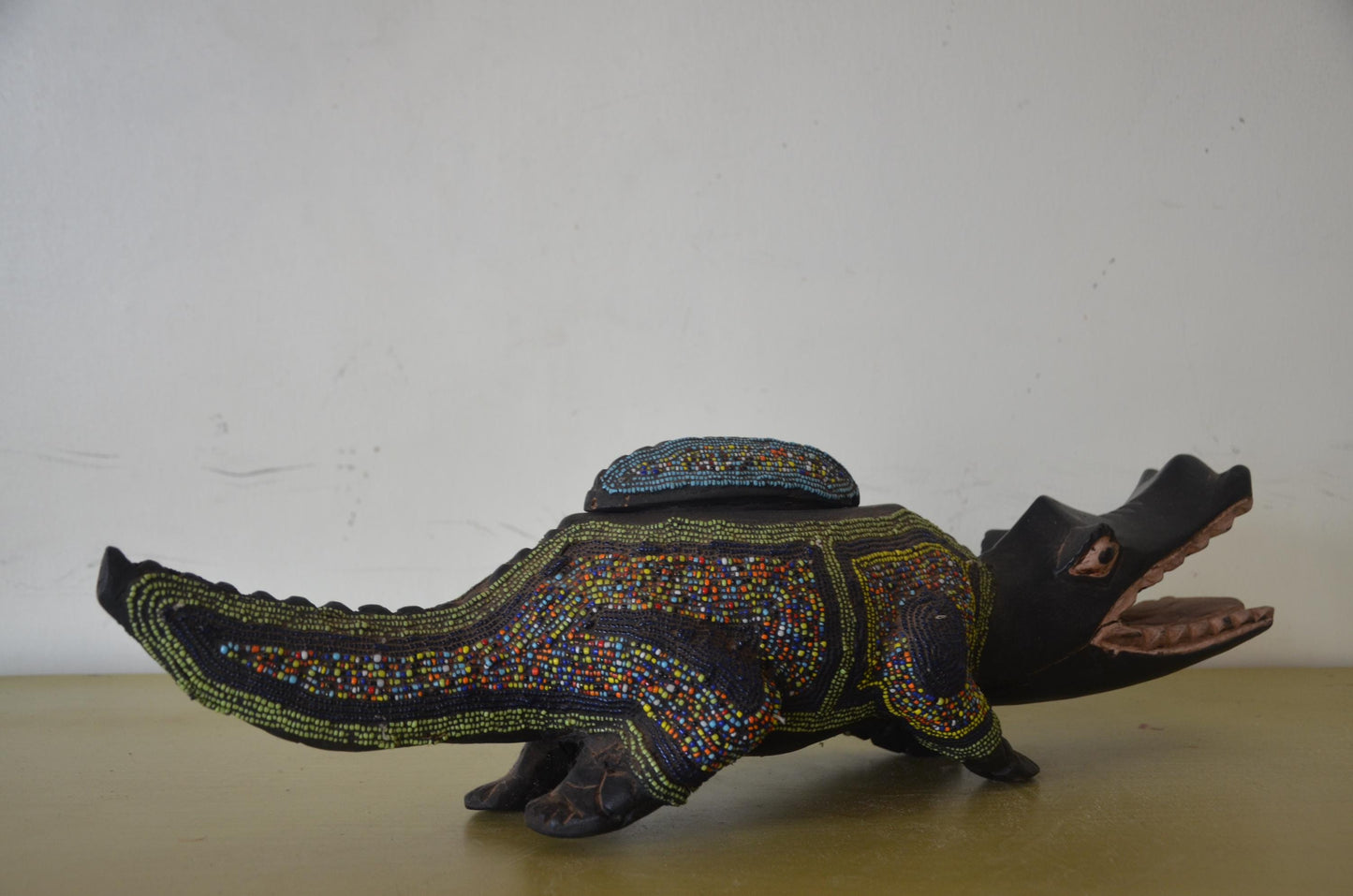 Kamba Crocodile Sculpture | Beaded Wood Folk Art | Kenya Handcrafted Animal Decor
