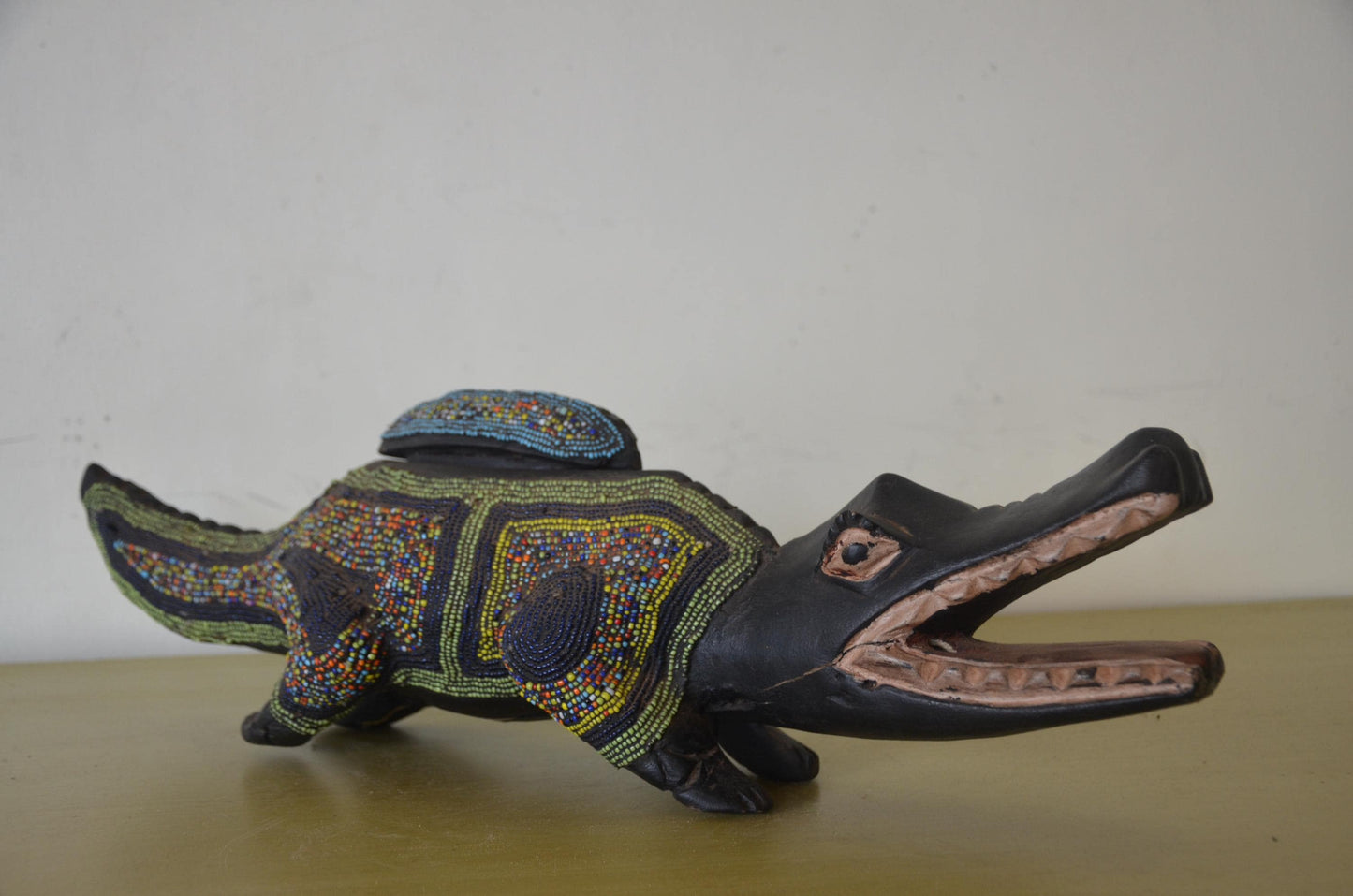 Kamba Crocodile Sculpture | Beaded Wood Folk Art | Kenya Handcrafted Animal Decor