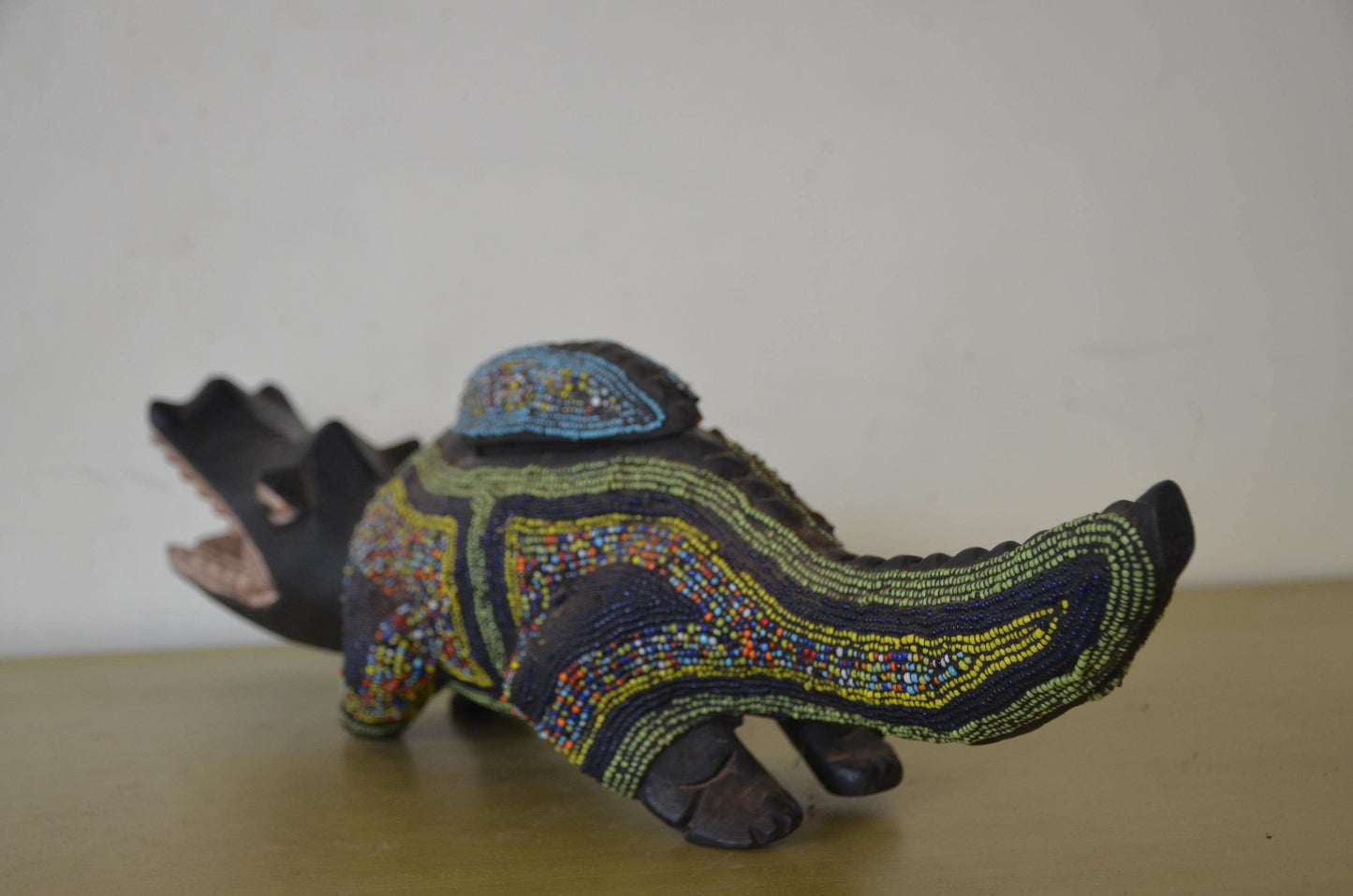 Kamba Crocodile Sculpture | Beaded Wood Folk Art | Kenya Handcrafted Animal Decor