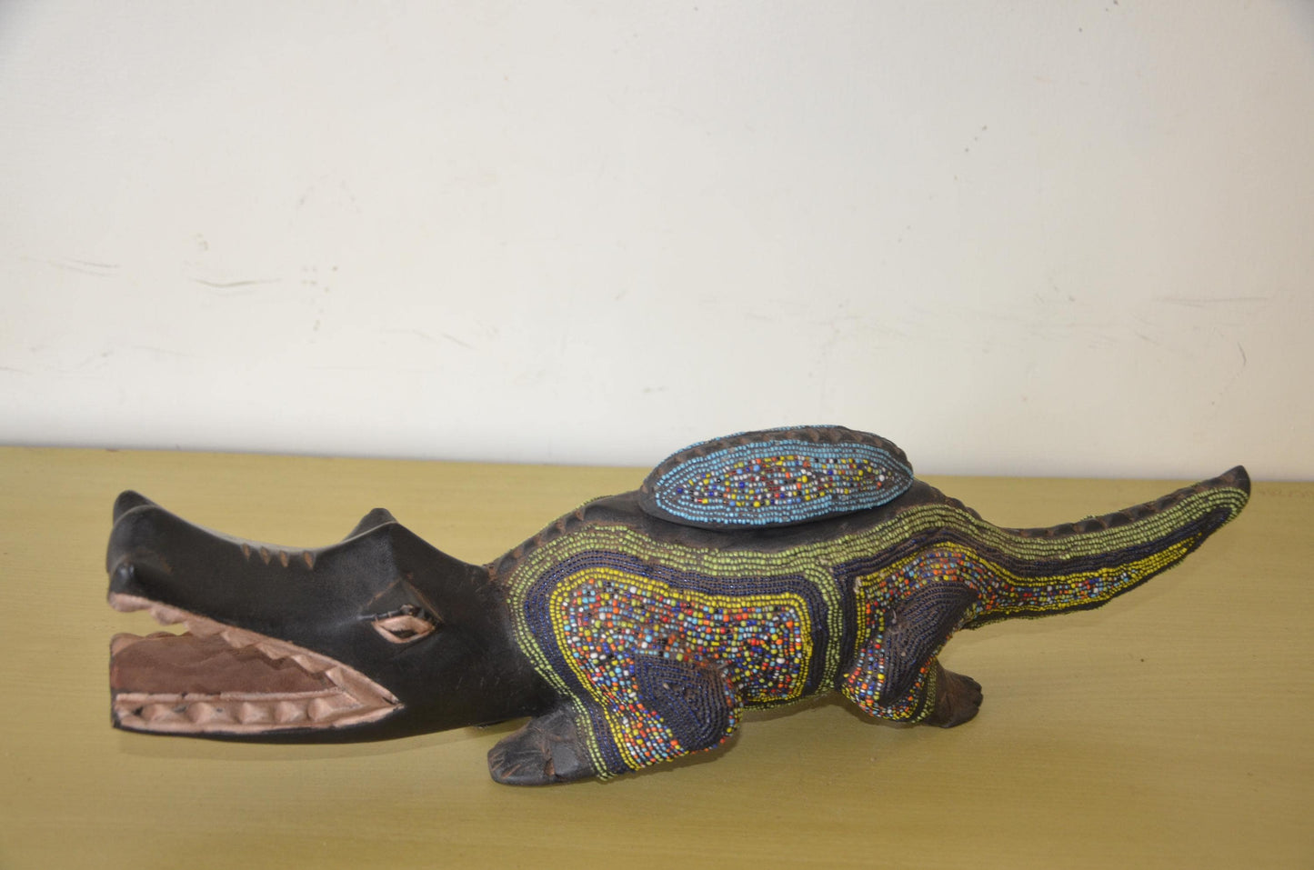 Kamba Crocodile Sculpture | Beaded Wood Folk Art | Kenya Handcrafted Animal Decor