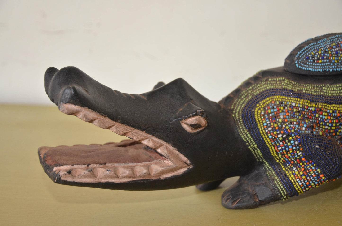 Kamba Crocodile Sculpture | Beaded Wood Folk Art | Kenya Handcrafted Animal Decor
