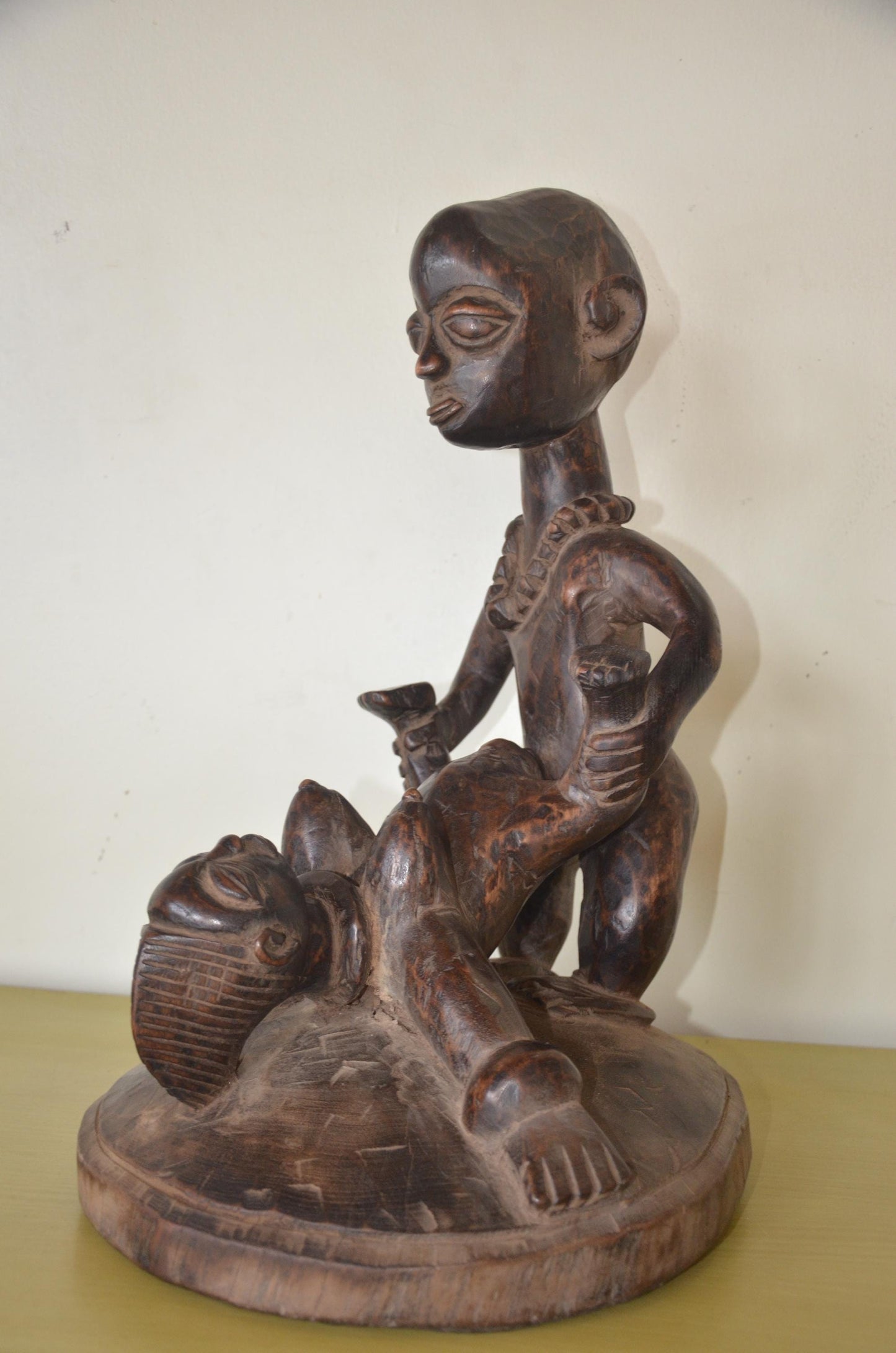 Kongo Tribal Figure | Hand-Carved Dark Wood Sculpture | Congo Ancestral Maternity Art