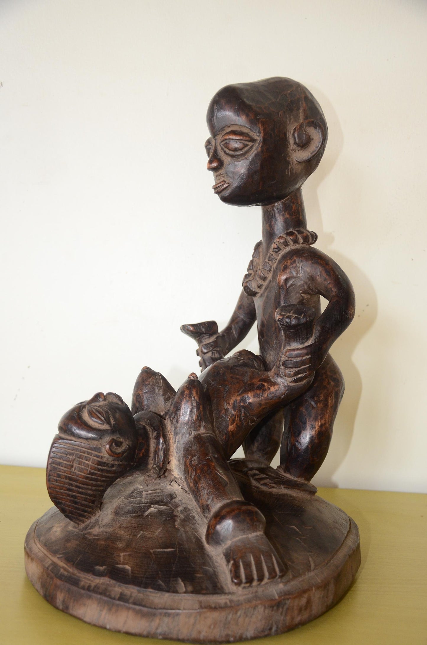 Kongo Tribal Figure | Hand-Carved Dark Wood Sculpture | Congo Ancestral Maternity Art