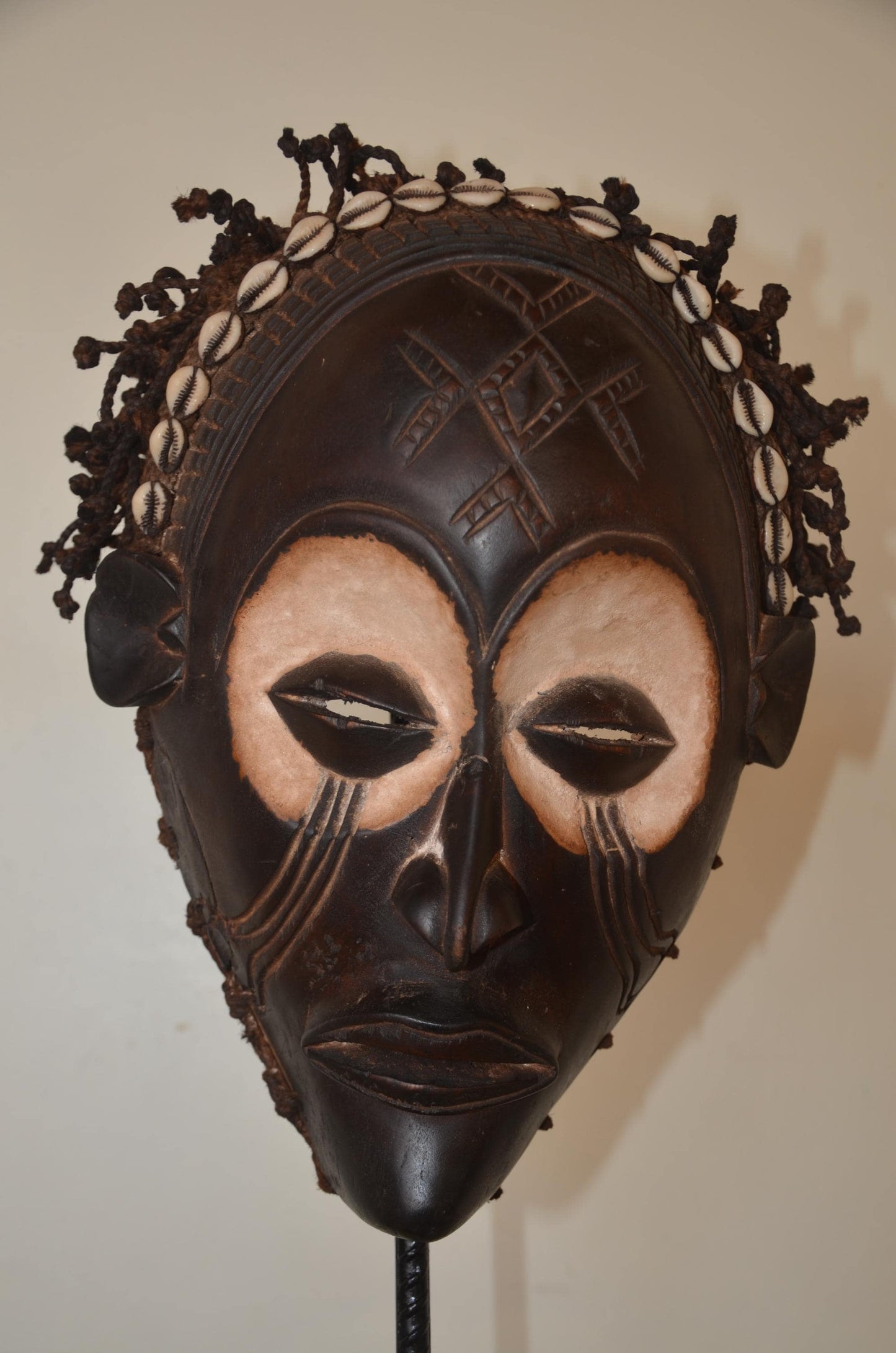 Chokwe Mwana Pwo Mask | Beaded Cowrie Shell Wall Decor | Congo Ancestor Art