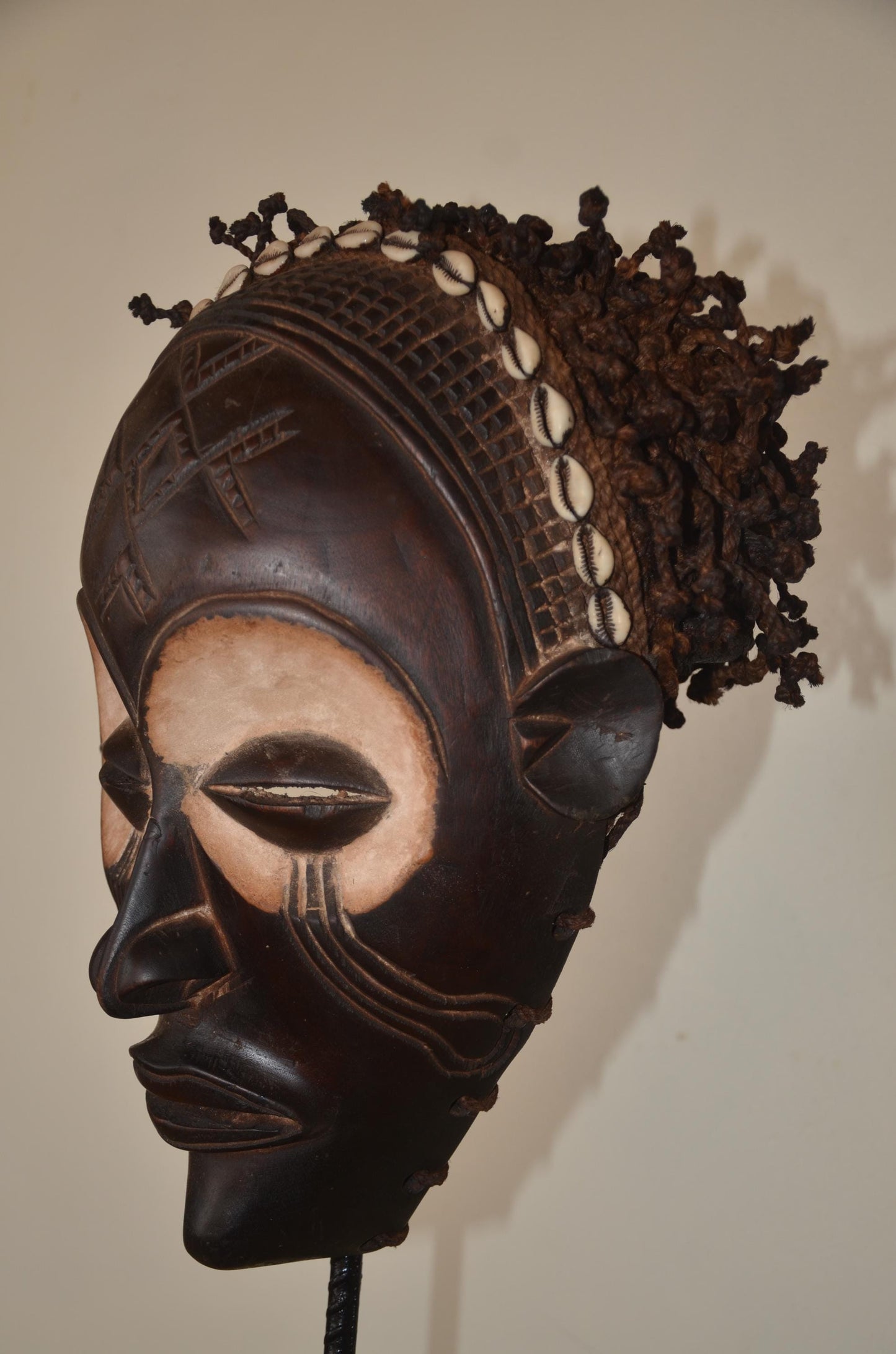 Chokwe Mwana Pwo Mask | Beaded Cowrie Shell Wall Decor | Congo Ancestor Art