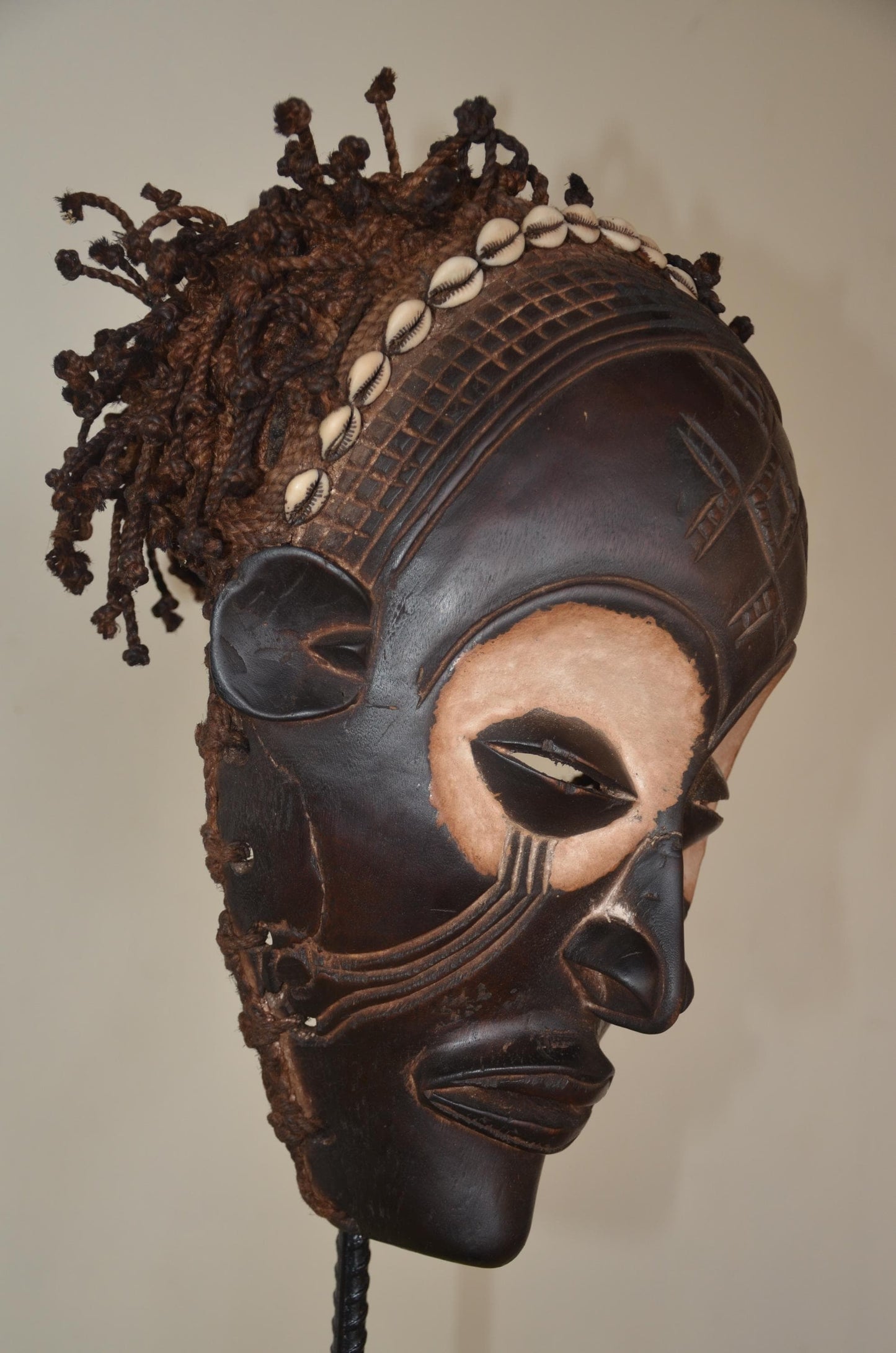 Chokwe Mwana Pwo Mask | Beaded Cowrie Shell Wall Decor | Congo Ancestor Art