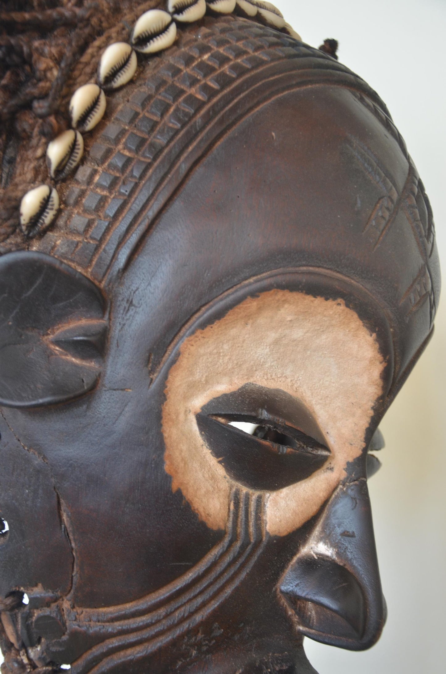 Chokwe Mwana Pwo Mask | Beaded Cowrie Shell Wall Decor | Congo Ancestor Art