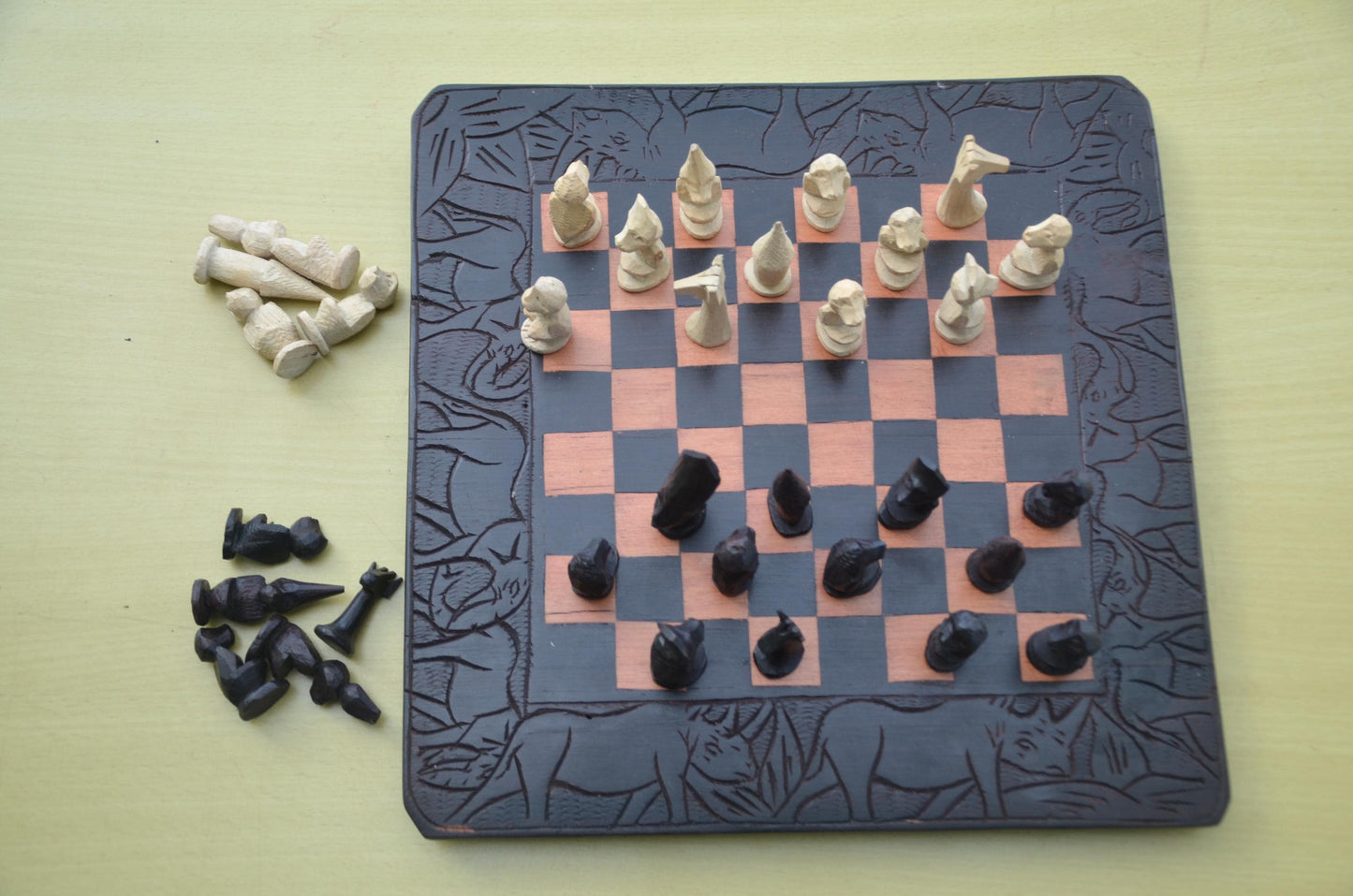 Makonde Wildlife Chess Set – 13" Hand-Carved Wood – Tanzania Artisan Game