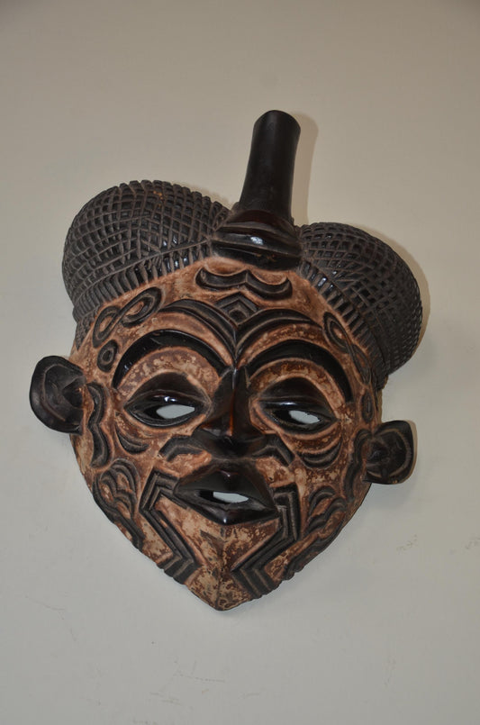 Lulua Tribal Mask – 15" Hand-Carved Wood – Congo Bena Lulua Wall Art