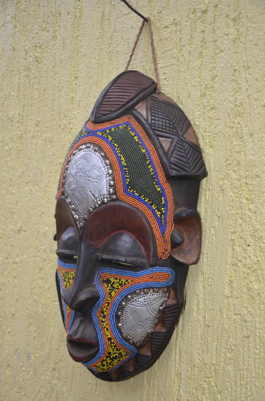 Ghanaian Ashanti Mask – 17" Hand-Carved Wood – West African Tribal Wall Art