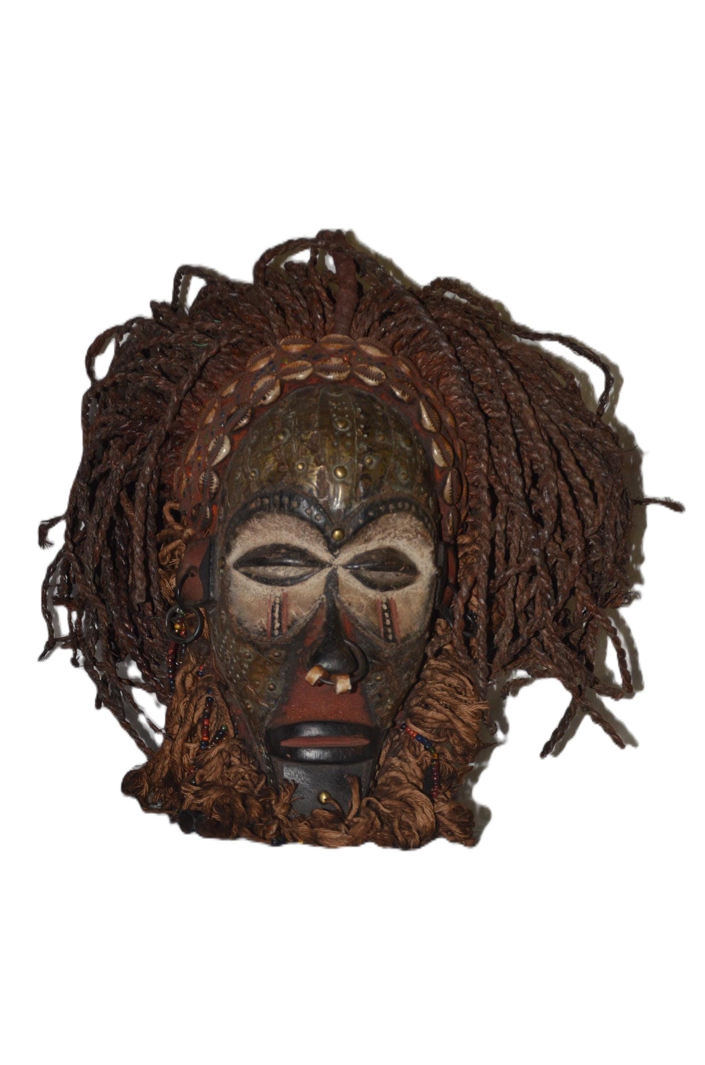 Chokwe Mwana Pwo Mask – 14" Beaded Fiber Hair – Congo Tribal Feminine Art