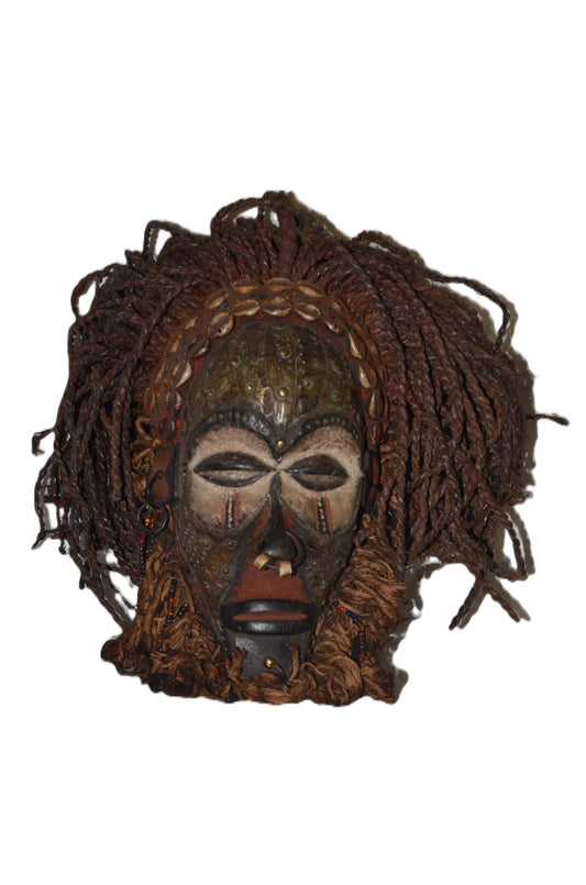 Chokwe Mwana Pwo Mask – 14" Beaded Fiber Hair – Congo Tribal Feminine Art