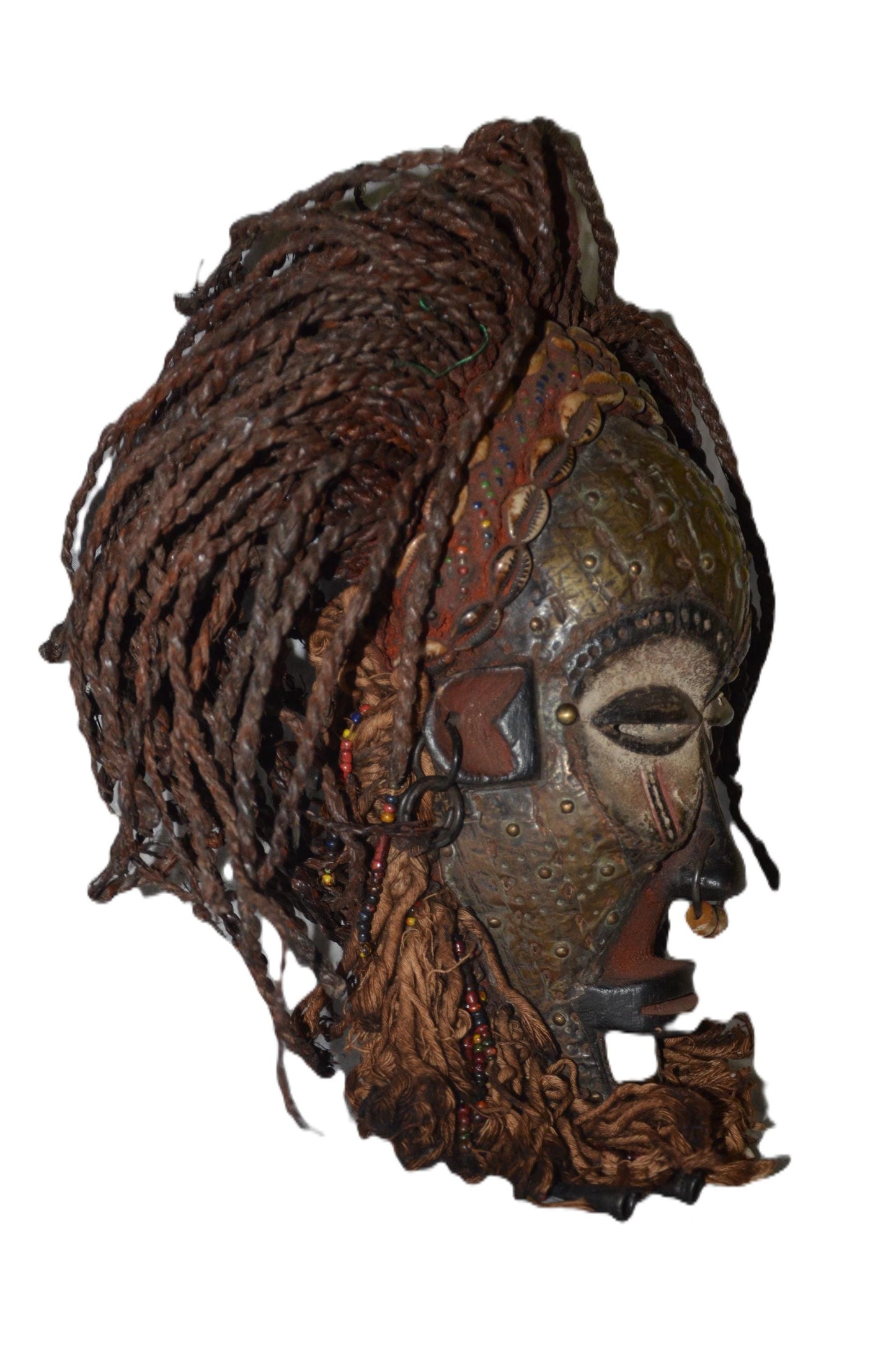 Chokwe Mwana Pwo Mask – 14" Beaded Fiber Hair – Congo Tribal Feminine Art