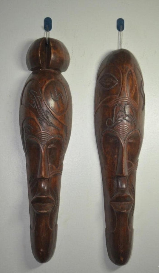 Fang Mask Couple Set | Hand-Carved Wood Wall Decor | Gabon Ngil Traditional Art
